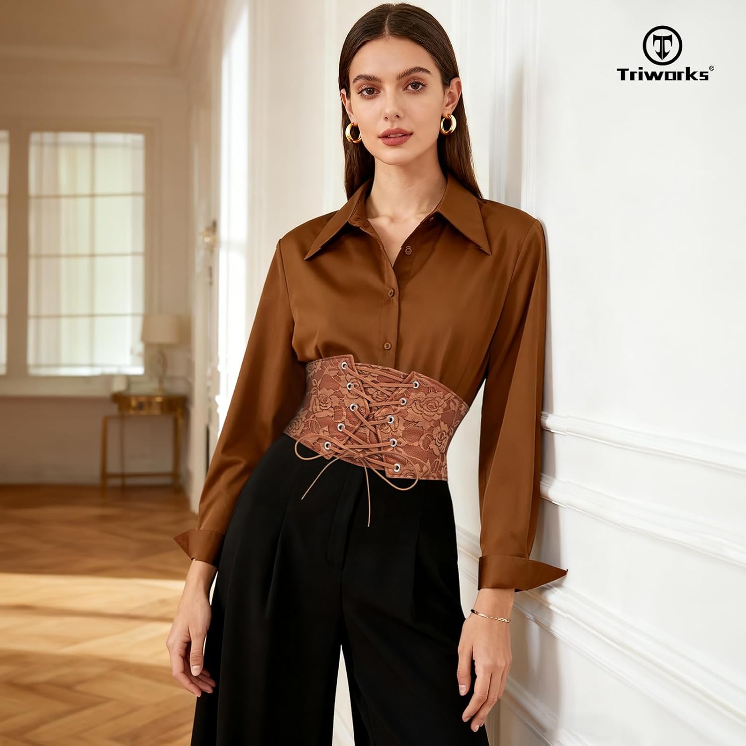 TRIWORKS Women Waist Belt Corset Lace Up Tied Waspie Elastic Wide Belt for Dresses Halloween Pirate Corset - Image 5