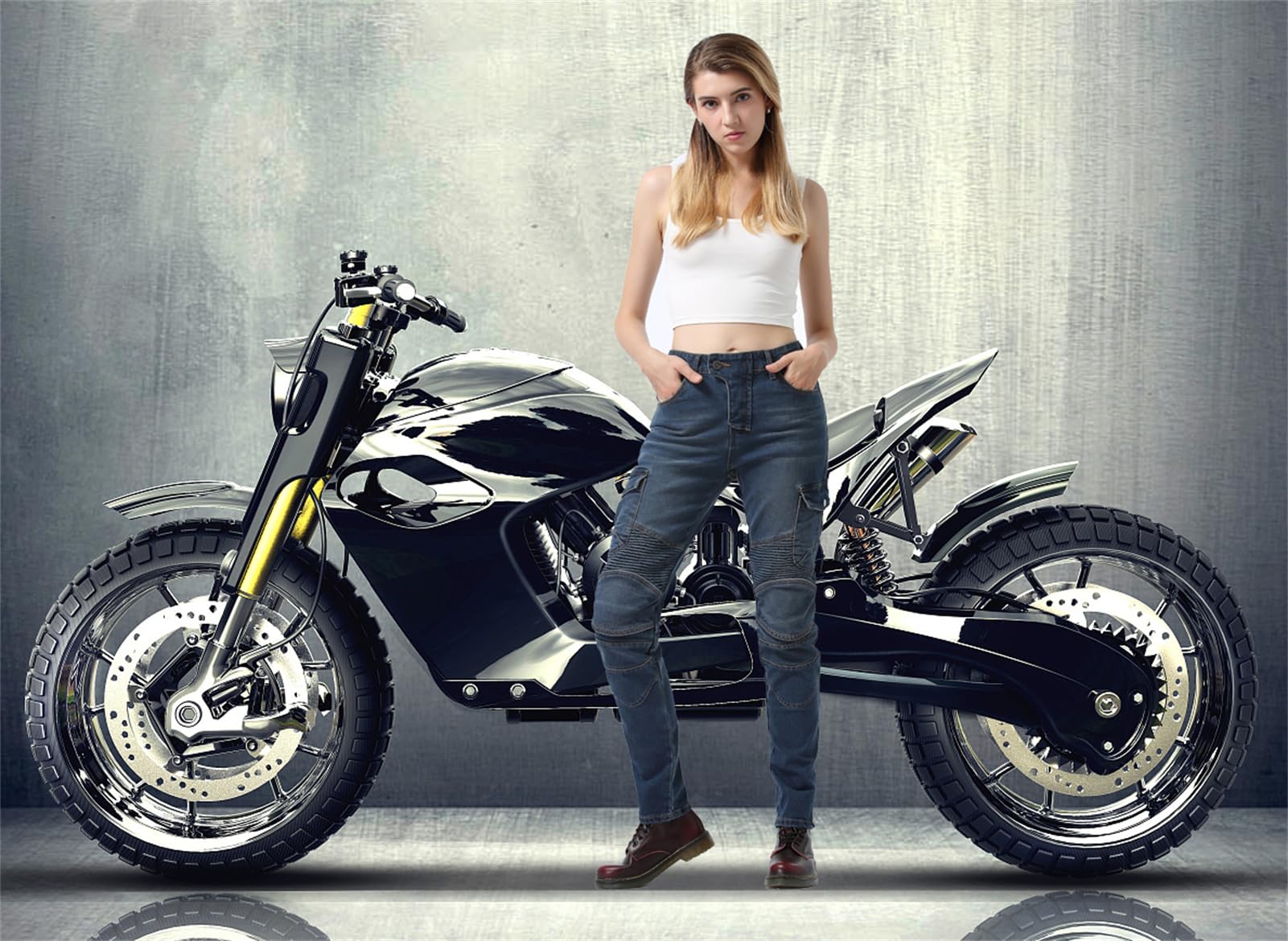 Pantalon Moto Femme, Jean Moto Femme Homologué avec Guêtres, XXS-4XL Pantalons de Moto Extensible (Blue,L)