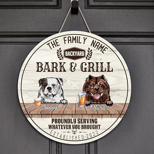 Welcome Sign Custom American Bulldog & Chow Chow Name Round Wood Signs Retro Custom Family Name Sign Beware of Dog Wall Decor Hanging Plaque Sign