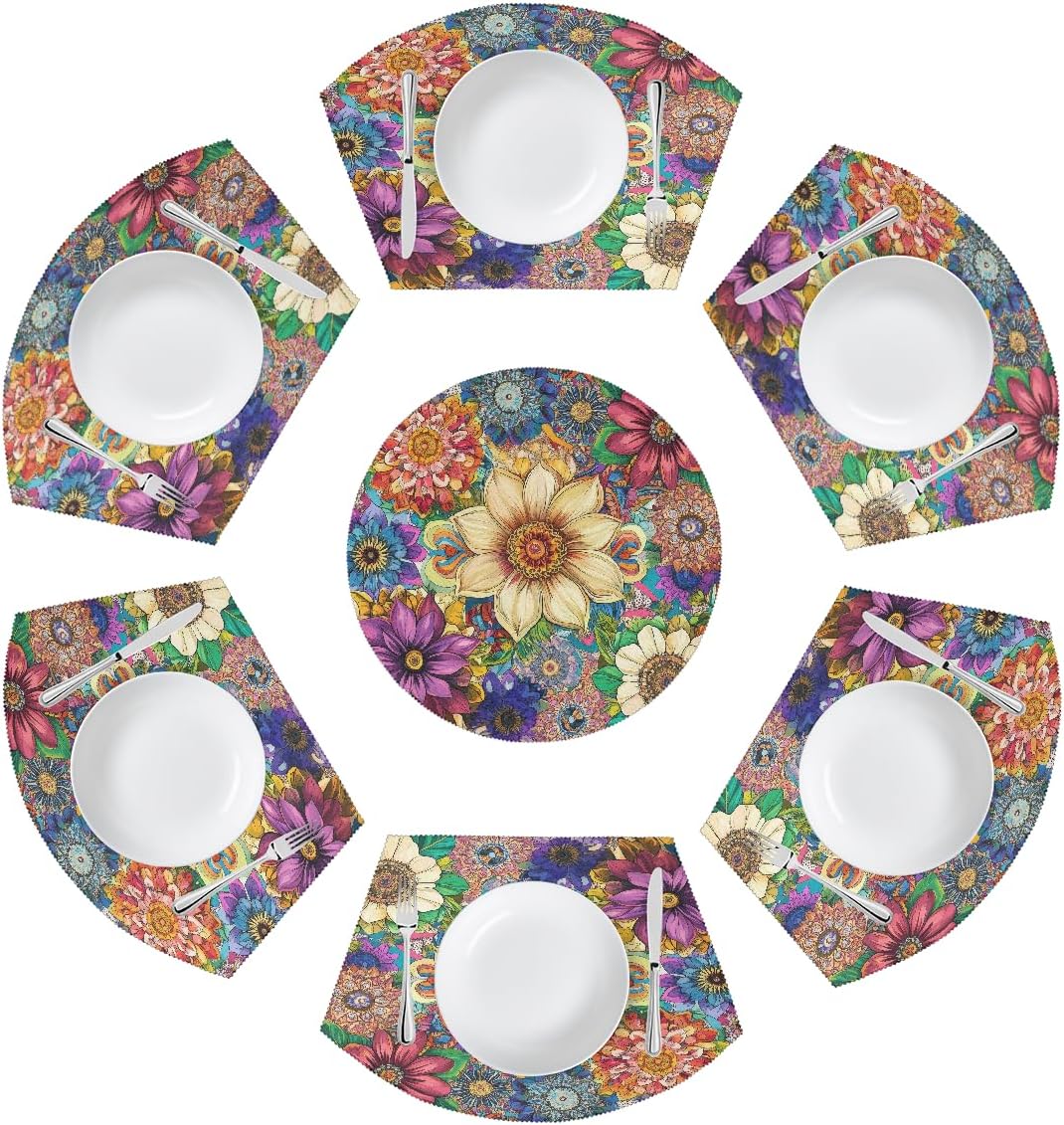 OSAM SPACE Colorful Flowers Boho Placemats Set of 7 for Round Table Wedge Shape Table Mats Heat Resistant Place Mats Wipeable Dining Decor for Party Wedding