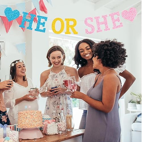 Miniatura 7 de Cartel preencordado con texto en inglés "HE OR SHE", NO DIY, decoraciones de baby shower, pancarta de fiesta de revelación de género con purpurina