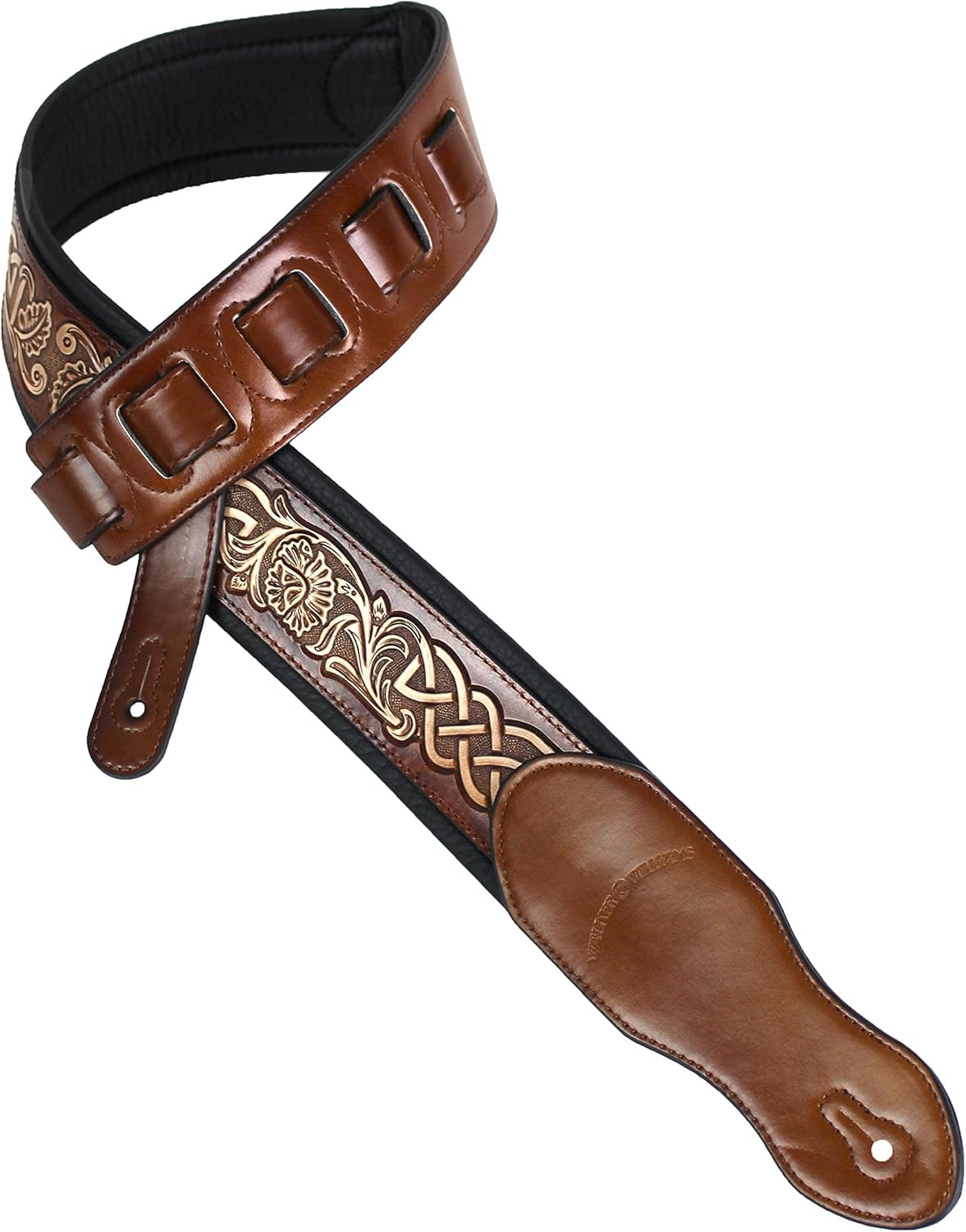 Walker & Williams KB-05-TAN Soft Brown Tan Full Grain Center Block Carving Leather Padded Guitar Strap With Aged White Celtic Chain For Acoustic, Electric, And Bass Guitars