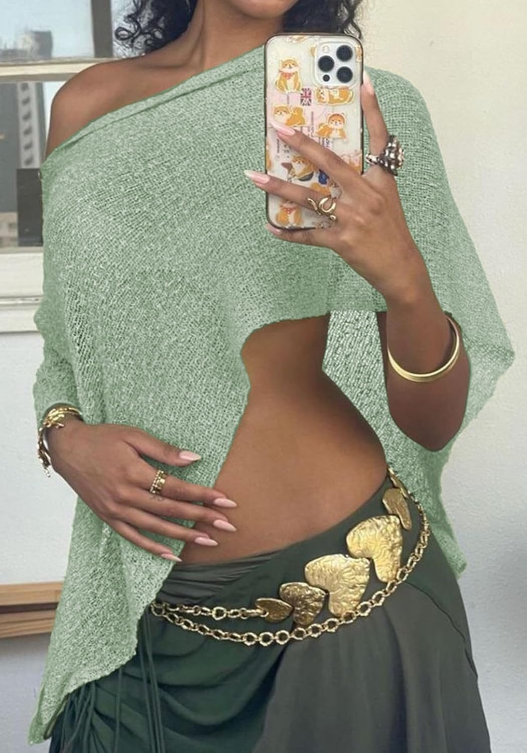 Famnbro Women Sheer Poncho Top Y2k Knit Crochet Sweater Batwing Sleeve Shrug Mesh Cover Up Beachwear Vacation Outfits - Image 3