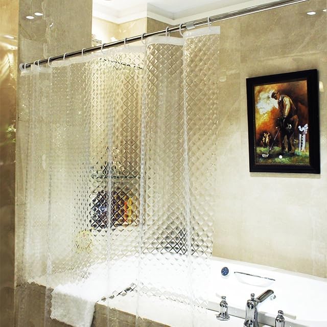 ecooe Shower Curtain Waterproof Mildew Resistant 72 x 72 Inch Plastic Clear Shower Curtains 100% EVA Bath Curtain 3D Diamond 180 x 180cm with 12 Hooks Rings for Shower or Bathtub