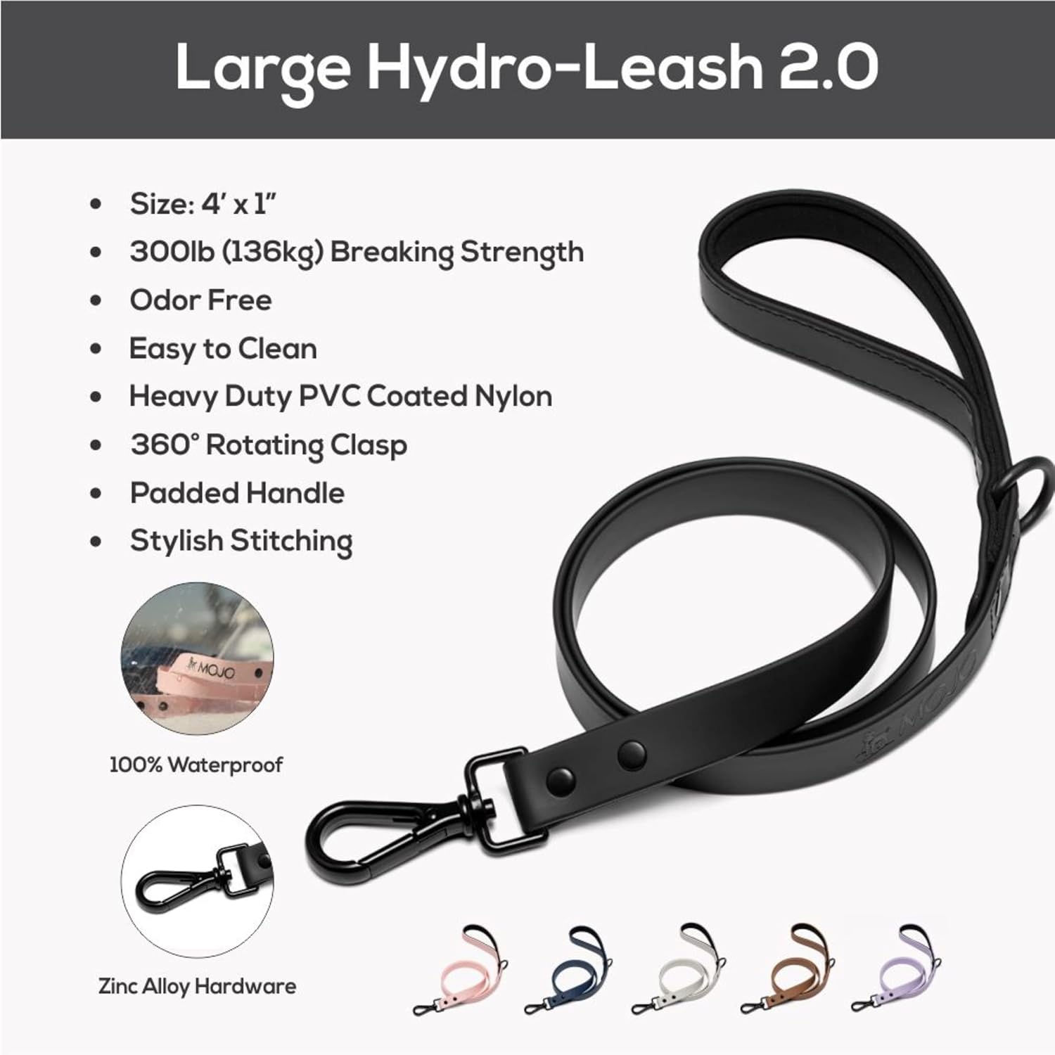 Mojo Pet Supply Hydro Waterproof Dog Leash | Waterproof and Odor Free | Heavy Duty Dog Leash | 4 Feet | Easy to Clean | Black