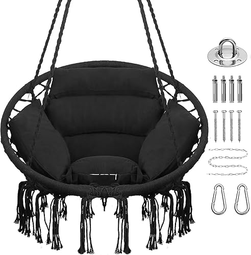 Miniatura 19 de Goutime Silla tipo hamaca, sillas colgantes de macramé con cojín y kit de herramientas, columpios bohemios para adultos para exteriores, patio, Gris