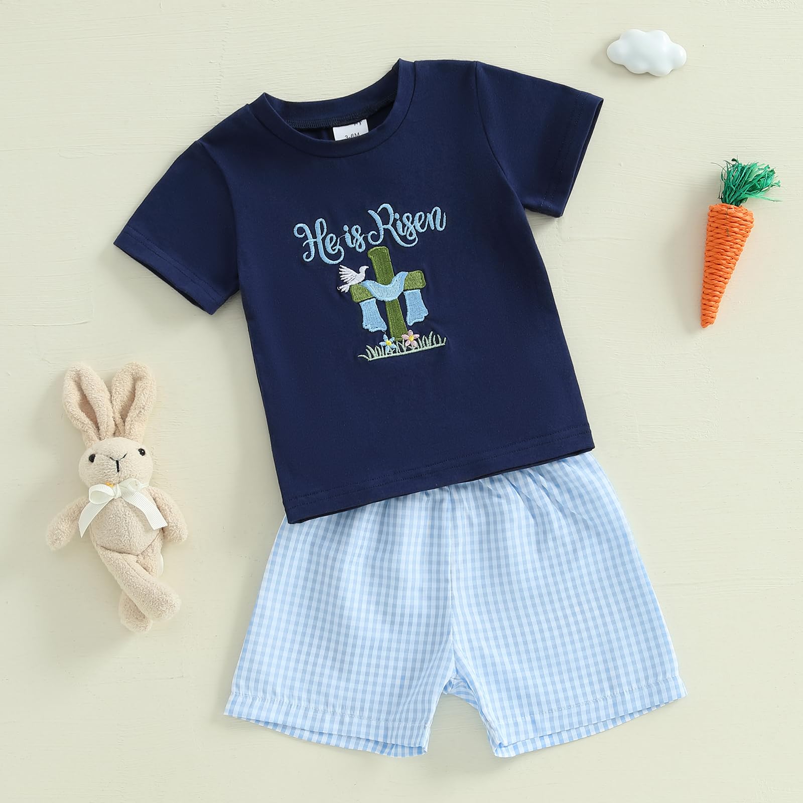 Toddler Baby Boy Easter Outfit Bunny/Cross Short Sleeve Shirt Tee Plaid Shorts Easter Summer Clothing Set (He is Risen Navy,12-18 Months)