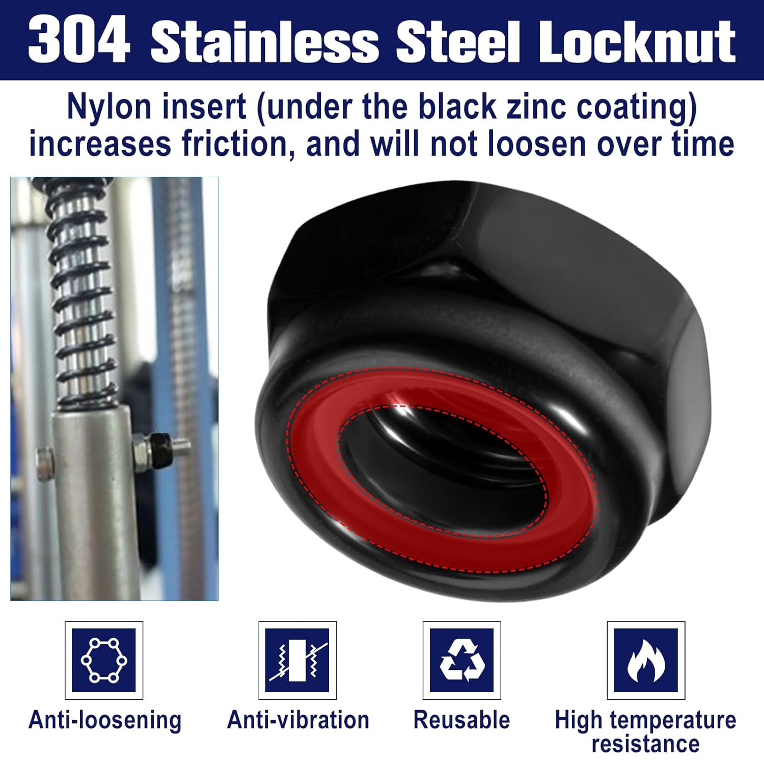 50Pcs M6 x 1.0mm Locknuts, Metric Self-Lock Nylon Inserted Hex Lock Nuts Black Zinc Plated 304 Stainless Steel Self Clinching Nut for Auto, Machine, Furniture, Tiny Nut with Storage Box