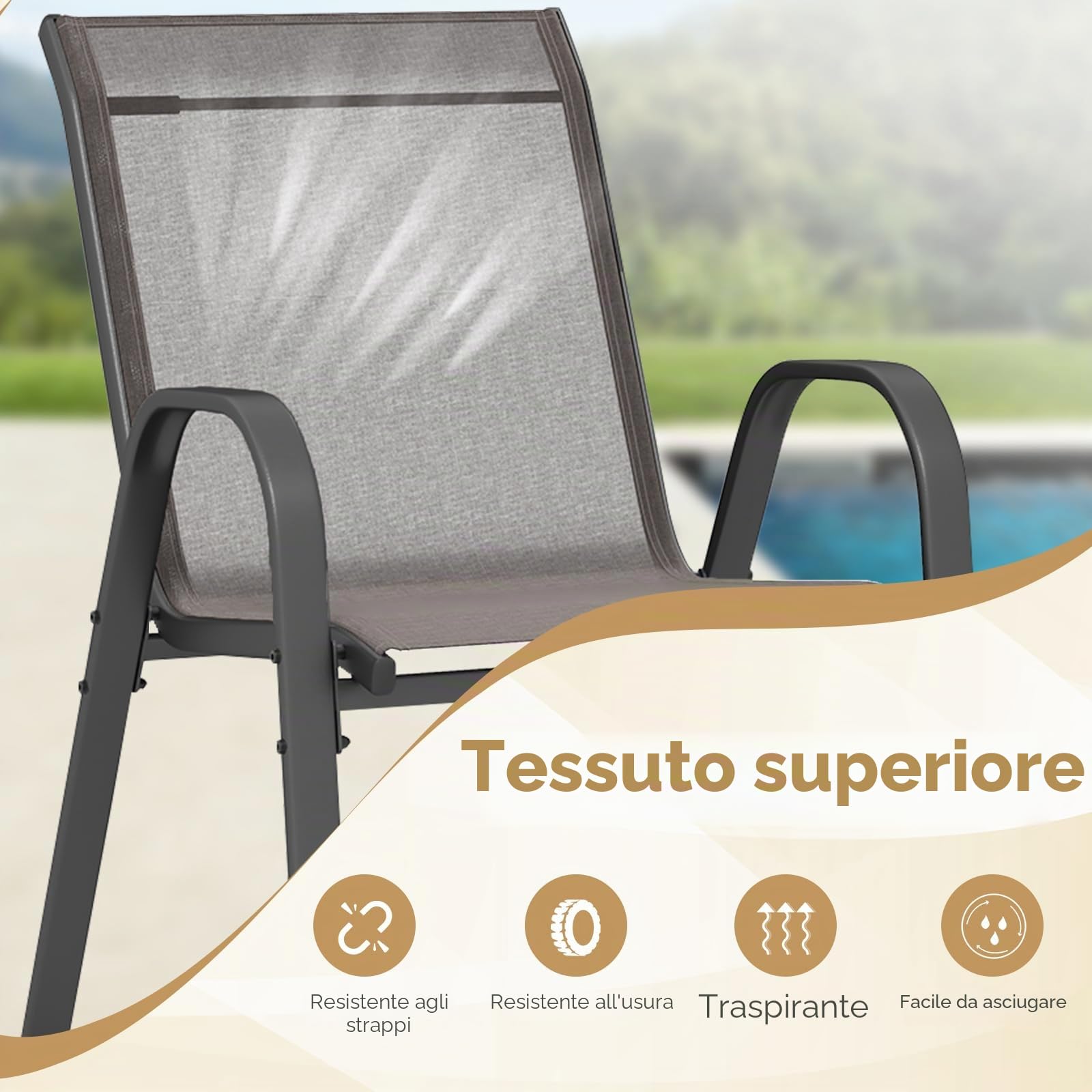 KOMFOTTEU Set di 2/4 Sedie da Giardino, Sedie Impilabili da Esterno in Tessuto con Telaio in Metallo, Poltrona da Balcone con Braccioli e Schienale Alto, per Sala da Pranzo, Carico 150 kg (Grigio*4)