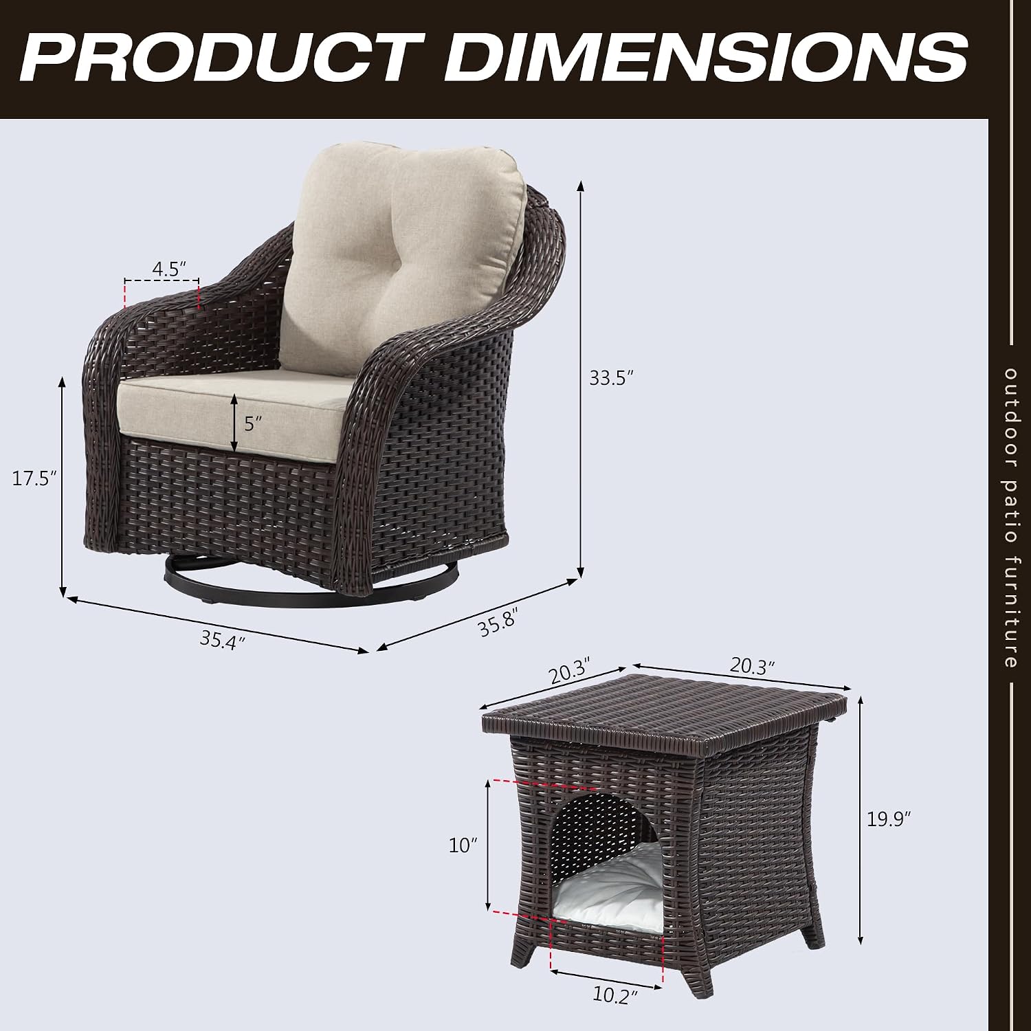 3-Piece Patio Conversation Set Outdoor Swivel Rocker Chairs Set of 2 and Matching Side Table/Pet House with Premium Fabric Cushions (Arc/Beige)
