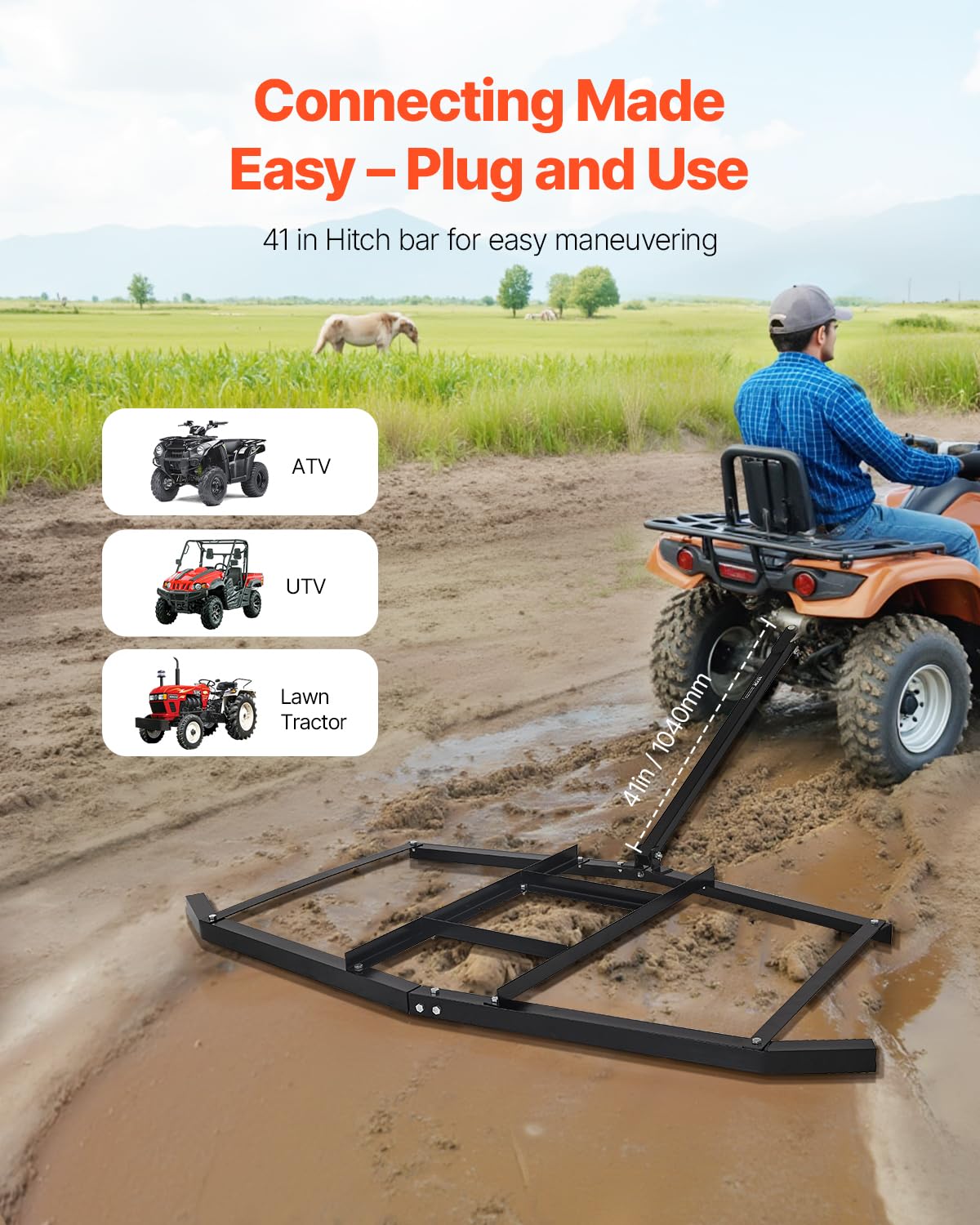 VEVOR Grada de Arrastre Ancho de 188 cm para Remolcar Niveladora de Entrada de Vehículos de Acero con Enganche de Pasador Grada de Entrada de Vehículos para ATV, UTV, Tractores de Césped