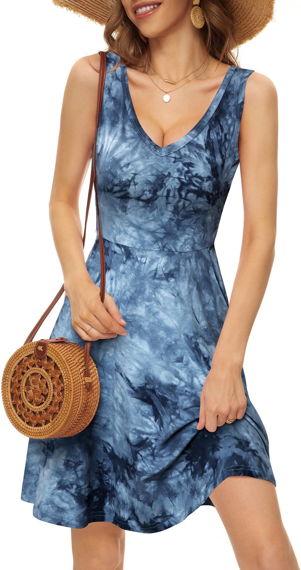Womens Sleeveless V Neck Dress with Pocket Summer Beach Midi Flared Tank Dress