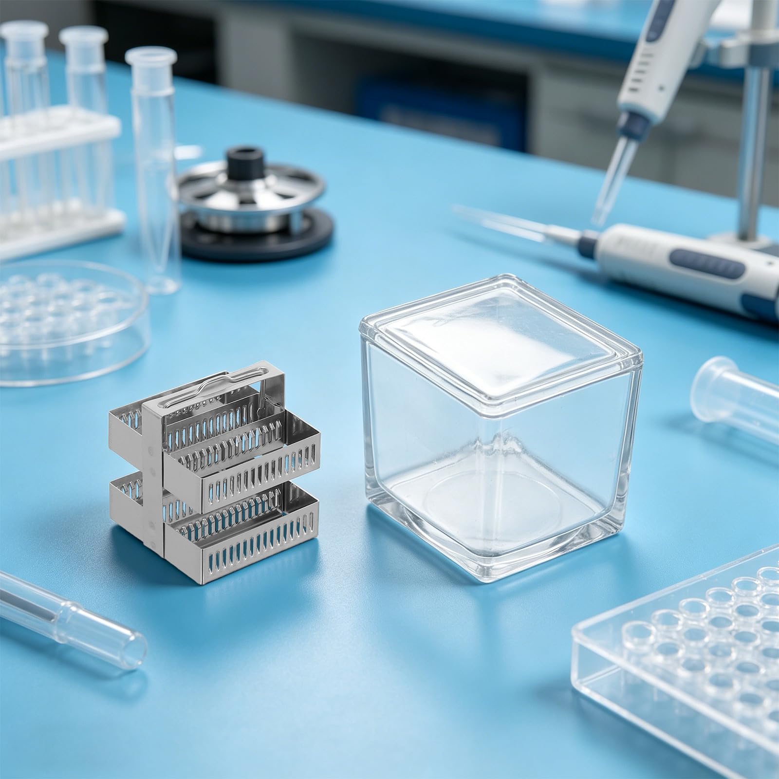 Szklany pojemnik Coplina: laboratoryjny pojemnik do barwienia 30 preparatów z pokrywką – szklany Coplina do barwienia mikroskopowego do badań histologicznych i patologicznych