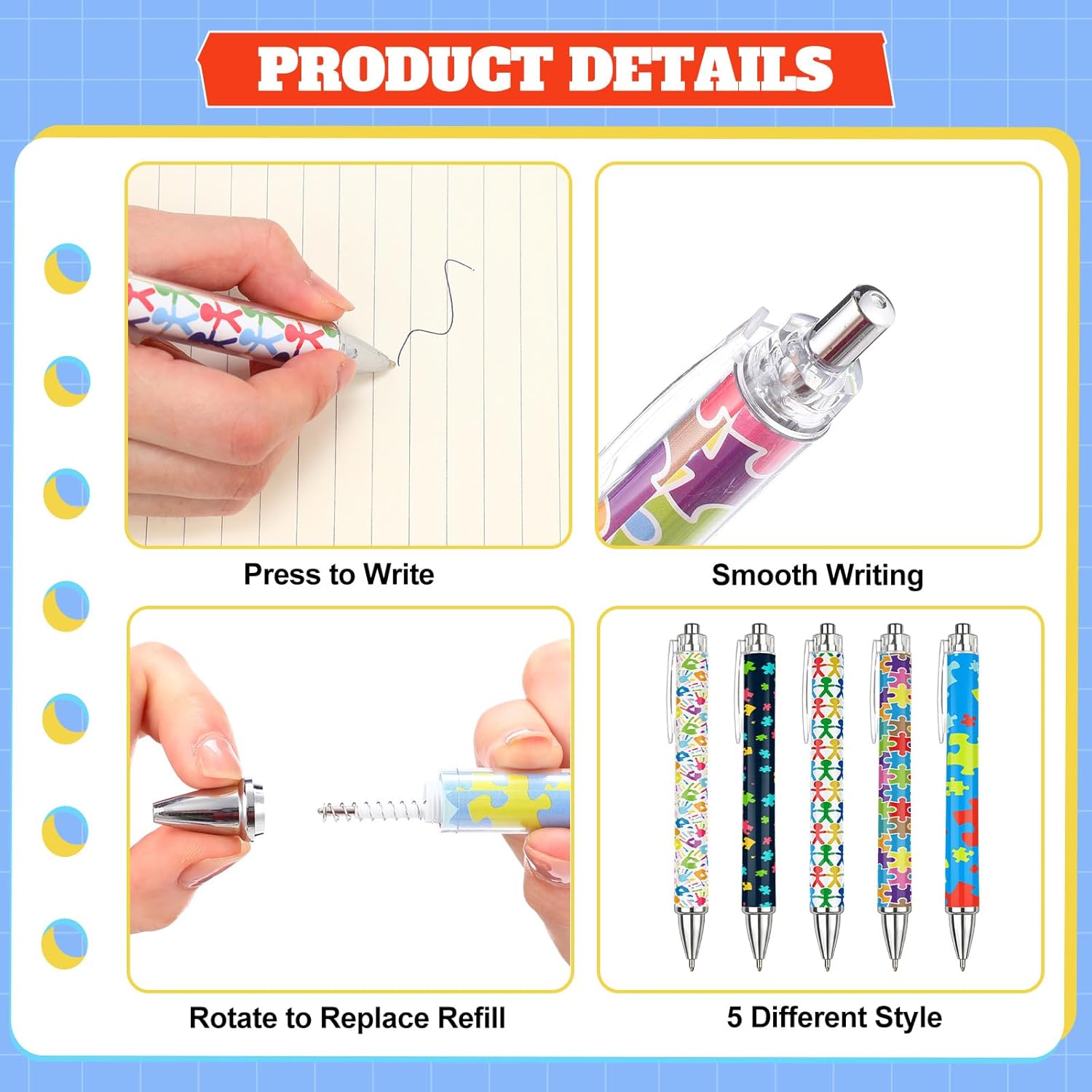 Jetec 50 Sets Autism Awareness Ballpoint Pens Click Retractable Gift Prizes with Bookmark Cards Bags Ties for Party Favors Office Teacher Exchange (Autism Awareness) - Image 4
