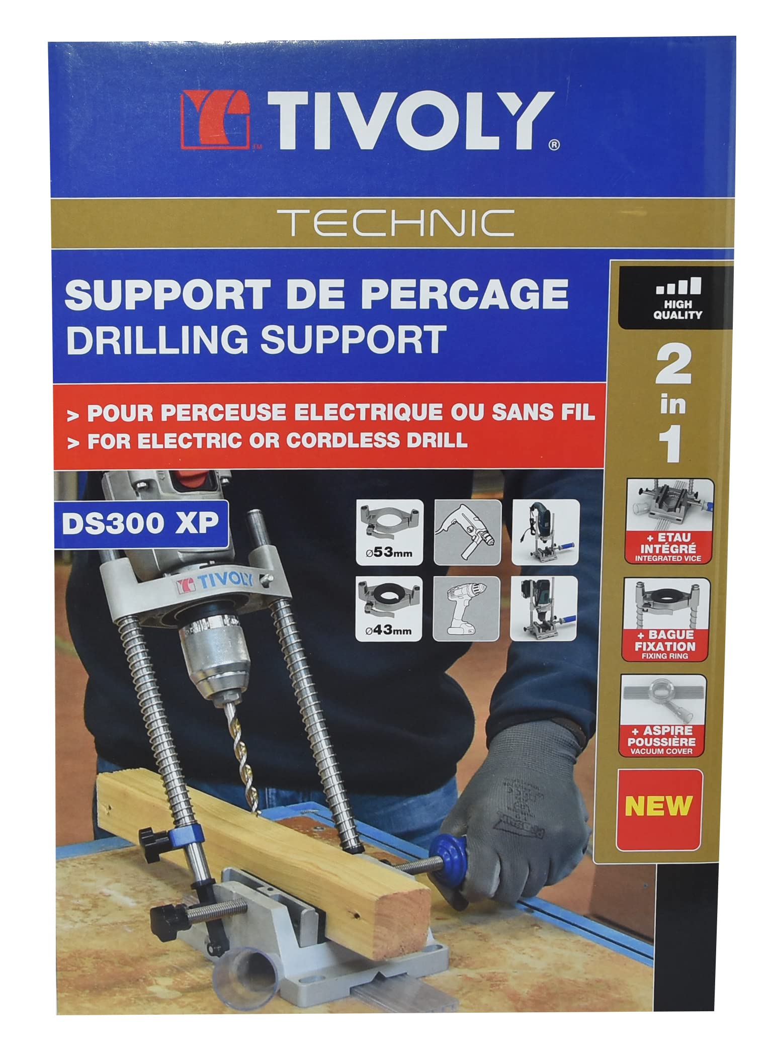 Tivoly 11110220007 Support de Perçage pour perceuse à collier de 43mm à 53mm, système de serrage rapide, Angle de perçage réglable, étau de serrage et système d'aspiration intégré