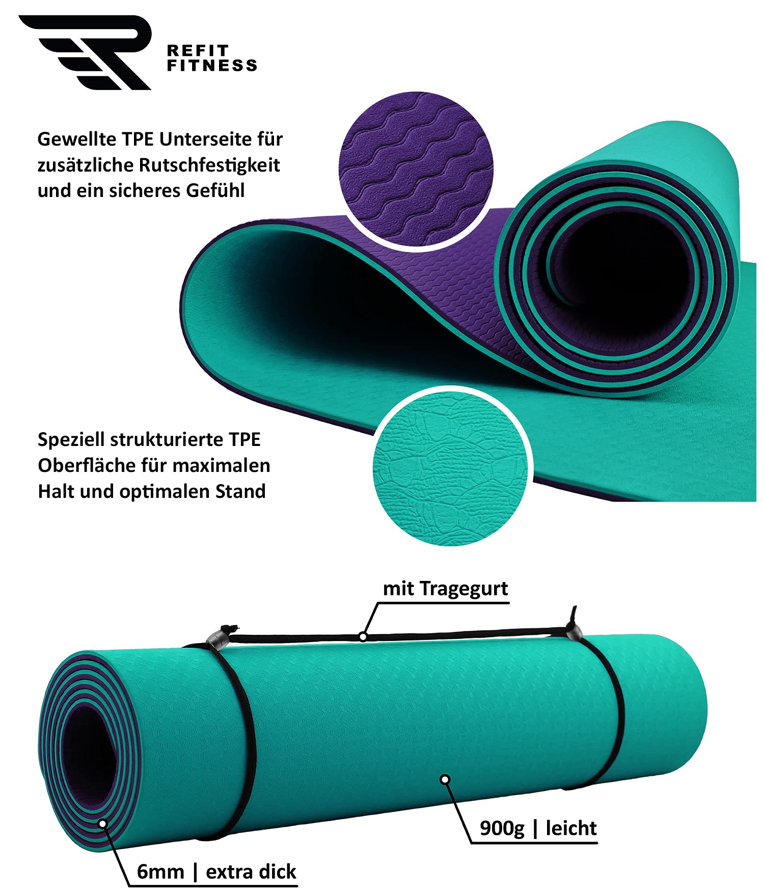 Tappetino da yoga 190 x 60 x 0,6 cm [GeckoGrip & Sensi-Plus TPE] tappetino da yoga antiscivolo privo di sostanze nocive + tracolla – Tappetino sportivo per ginnastica sport – ora