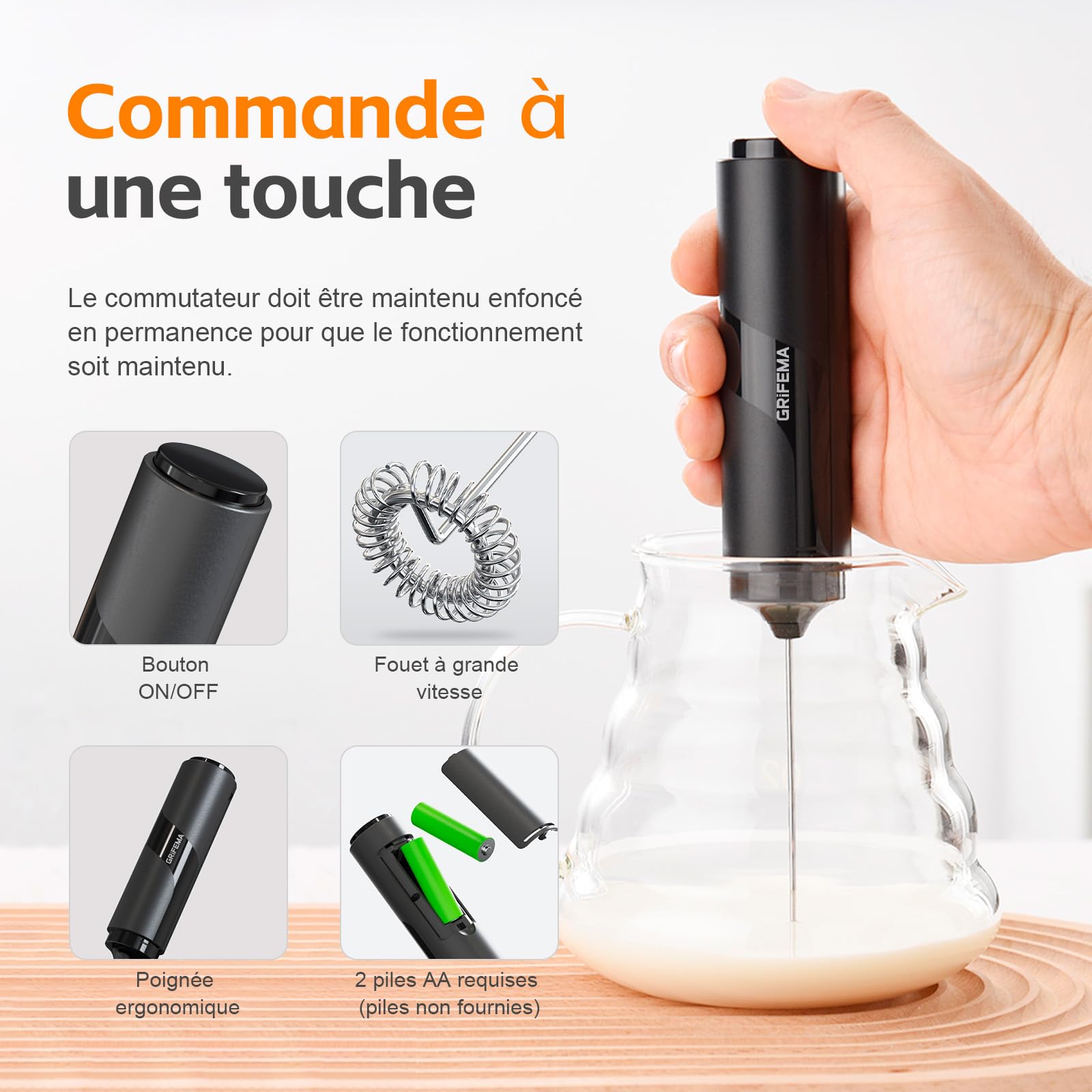 GRIFEMA Mousseur à lait rechargeable, mousseur à café à main, mini fouet électrique portable sans BPA, ergonomique, facile à nettoyer, fouet à lait pour boissons protéinées, lattés, matcha GRIFEMA Mousseur à lait rechargeable, mousseur à café à main, mini fouet électrique portable sans BPA, ergonomique, facile à nettoyer, fouet à lait pour boissons protéinées, lattés, matcha