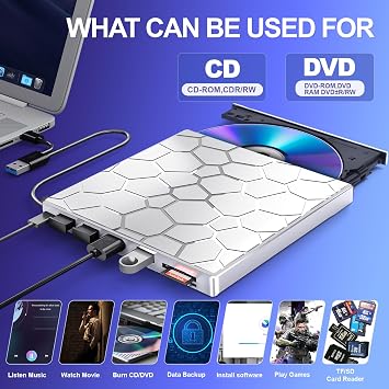 BPAKDU External CD/D1VD Drive for Laptop DVD Player 8 in 1 USB 3.0 Ultra Slim Portable Silver