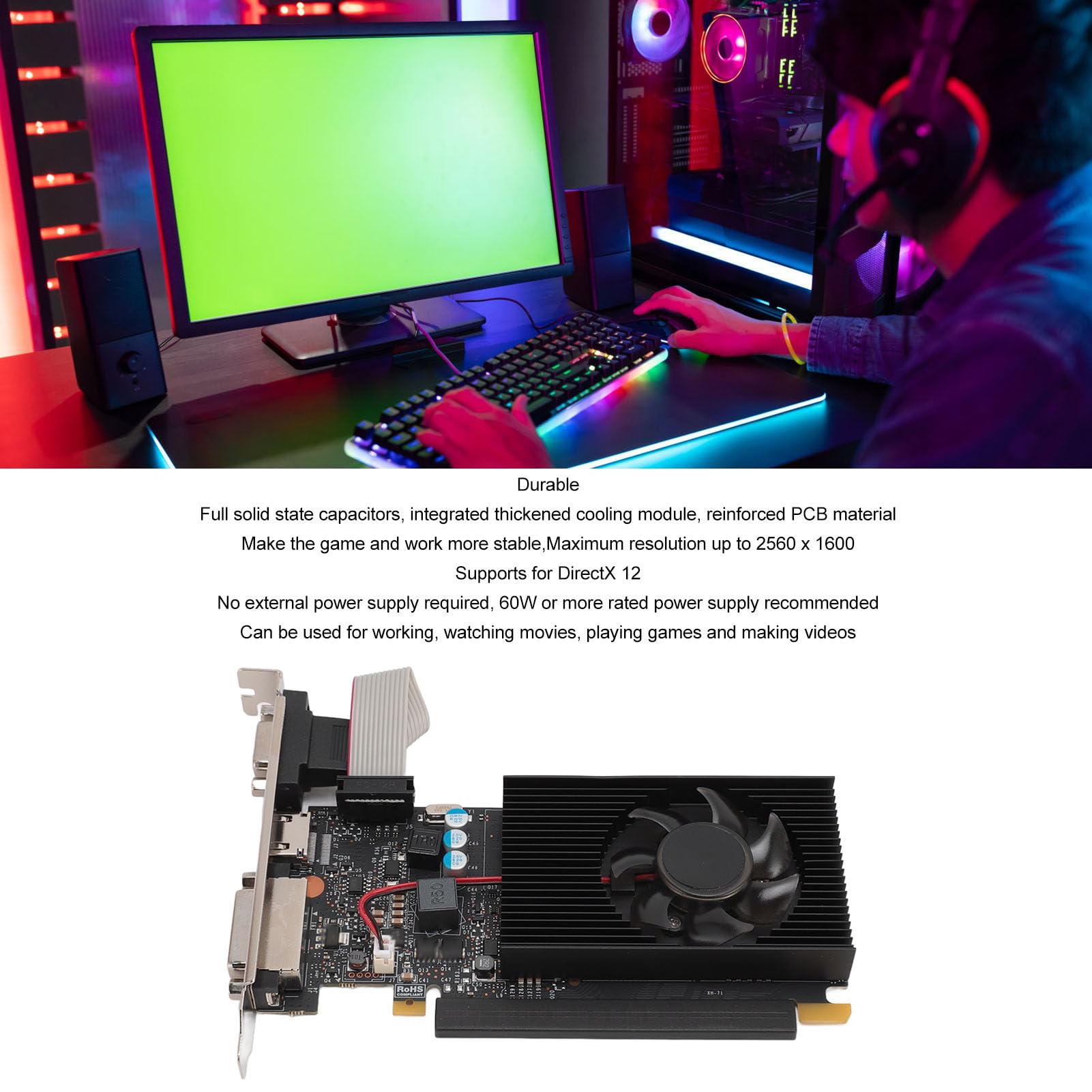 Gamingowa Karta Graficzna GT730 2GD3, 2 GB DDR3, Gniazdo PCI Express 2.0 16X i Cichy Wentylator Chłodzący, do Edycji Wideo na Komputerze Stacjonarnym i Gier DirectX 12
