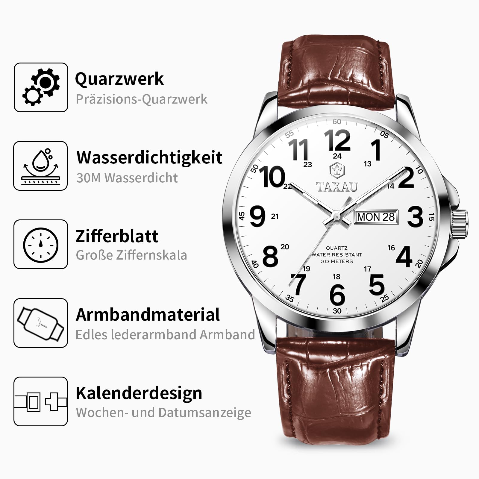 Taxau Uhren Herren Klassischus Lederarmband Wasserdicht Großes Zifferblatt