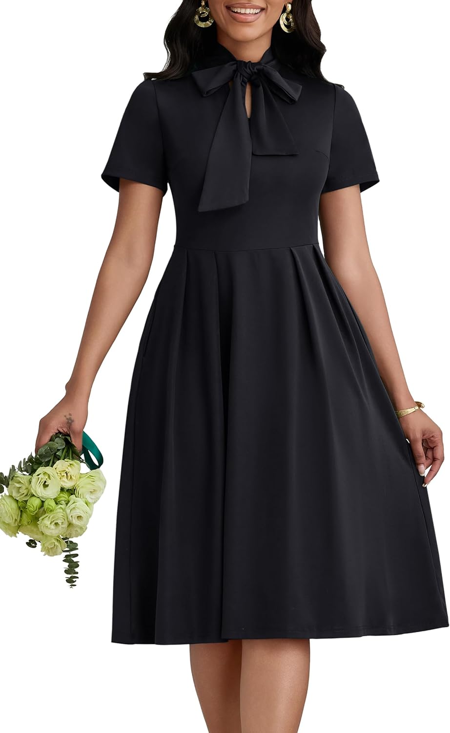 FANDEE Midi Dress for Women Casual Short Sleeve A-line Semi Formal Fit and Flare Dress Classy Tie Neck Work Business Dresses - Image 2