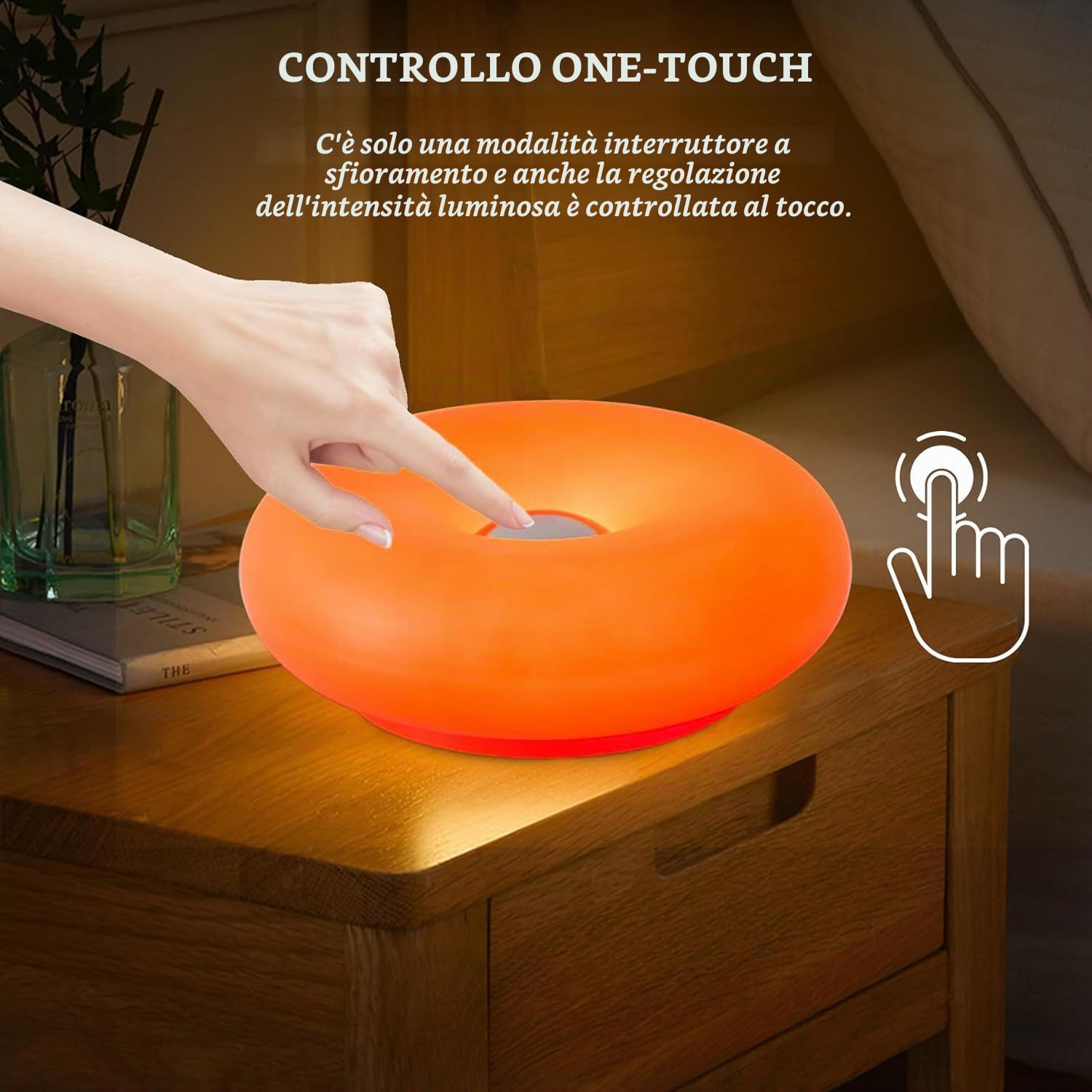 OOWOKS Lampada a ciambella, lampada da tavolo a LED arancione a forma di ciambella, senza fili, ricaricabile, dimmerabile al tocco, 3 temperature di colore, lampada da comodino retrò, luci notturne