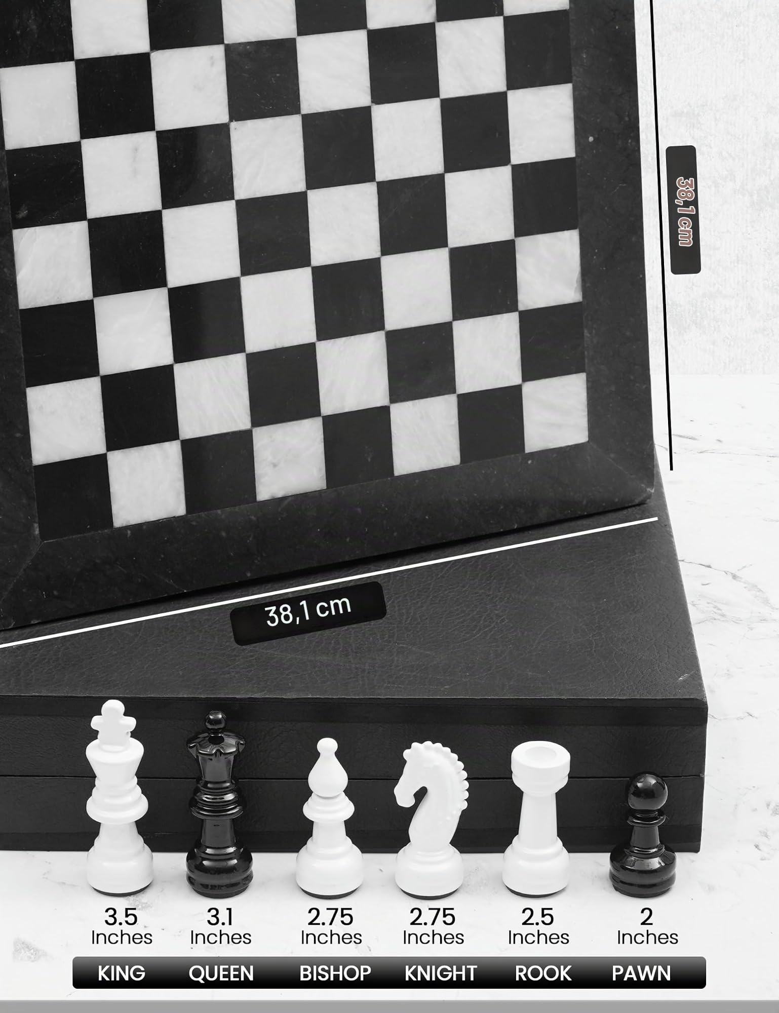Marblous Krafts Jeu d'échecs noir et blanc de 38,1 cm avec 32 figurines métalliques et 2 reines supplémentaires et plateau en marbre – Grand jeu d'échecs et jeux d'échecs faits à la main Staunton pour