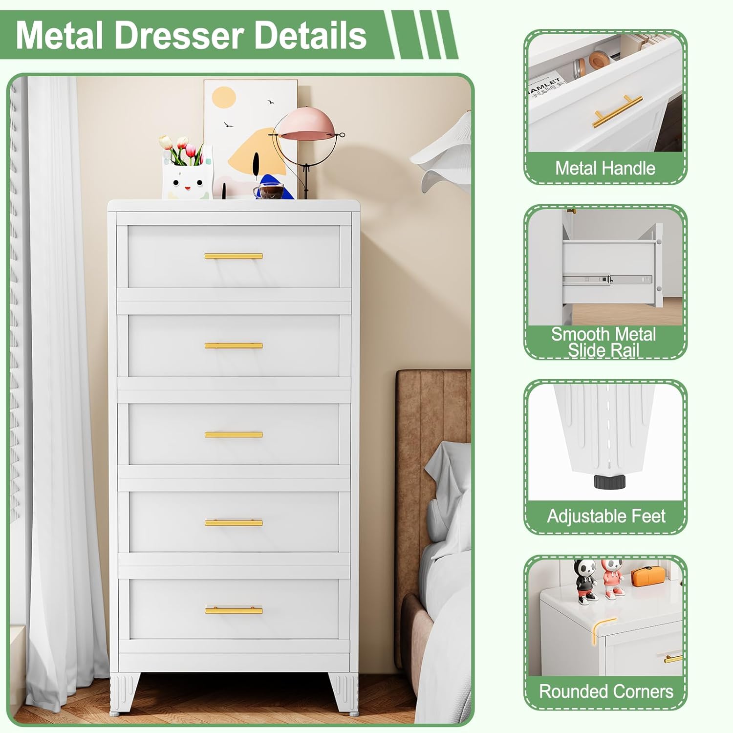 Close-up details of the Ckzbx metal dresser showing metal handles, smooth metal slide rails, adjustable feet, and rounded corners.