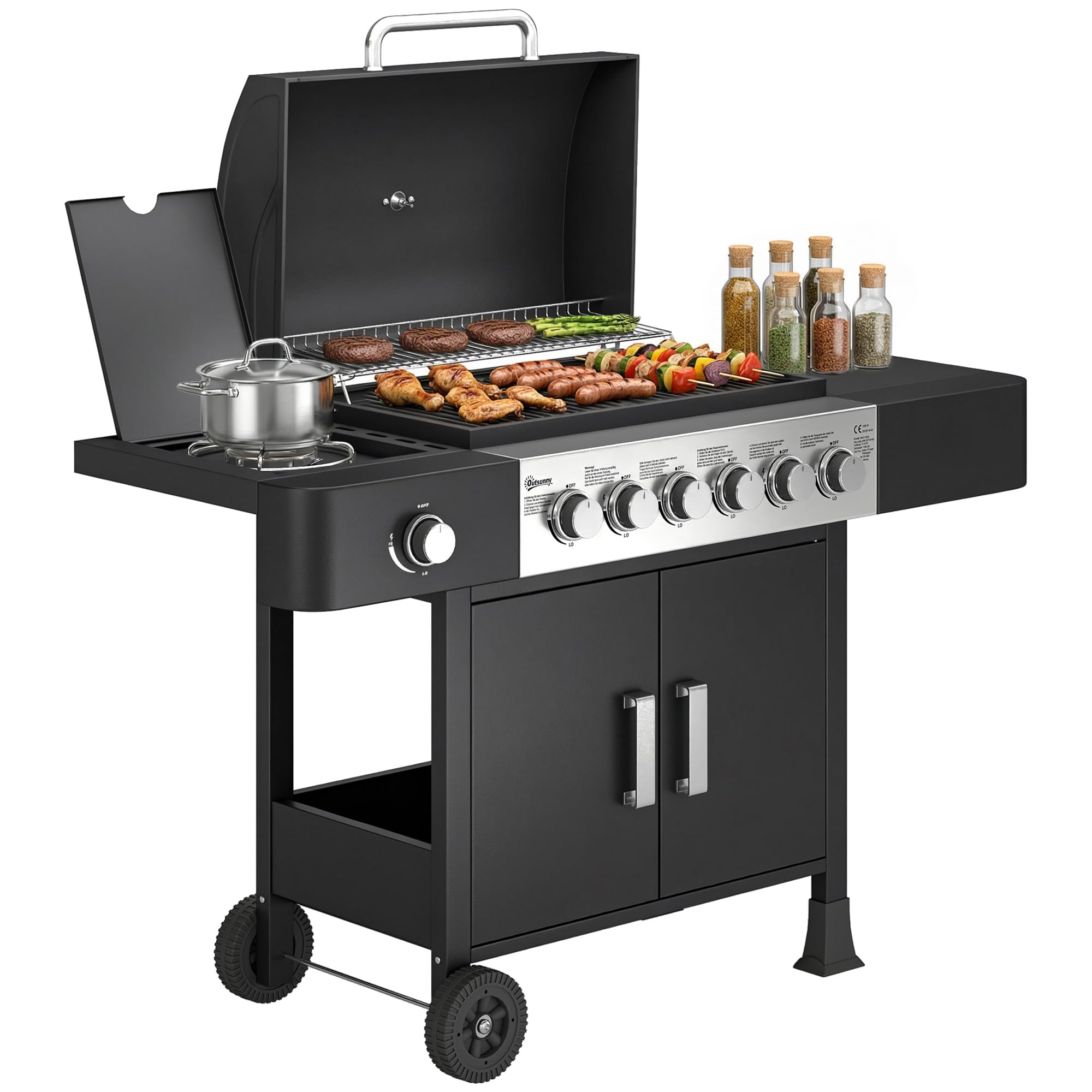 Outsunny Barbecue à gaz 6+1 brûleurs chariot portable avec roues, grille de maintien au chaud, thermomètre intégré, étagères latérales, placard et couvercle Noir