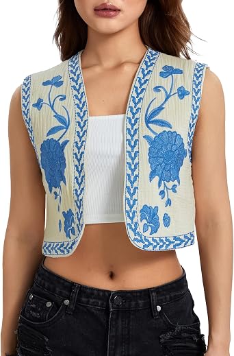 Embroidered Vest Tops for Women Vintage Sleeveless Floral Open Front Boho Cardigan Vest