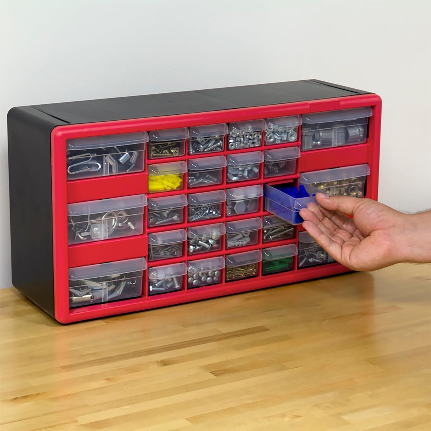 Akro-Mils 10126 26-Drawer Plastic Drawer Storage Cabinet for Garage Organization, Teacher Toolbox, Makeup Organizer, and More, 50.8 cm W x 15.24 cm D x 25.4 cm H, Red