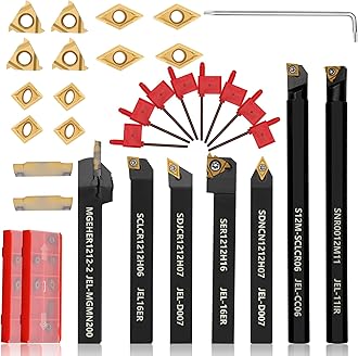Joogto Indexable Lathe Turning Tool 21Pcs Kit 1/2'' 12mm Shank 7 Pcs Metal Lathe Tool Holder Set for Turning Grooving Threading Boring with 14 Pcs Carbide Inserts Turning Inserts Carbide Turning Tool