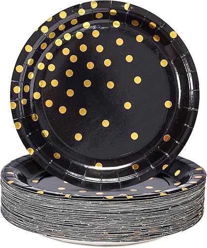 Black Gold Paper Plates 100PCS,7inch Black and Gold Dots Dessert Plates,Disposable Round Party Supplies Great for
