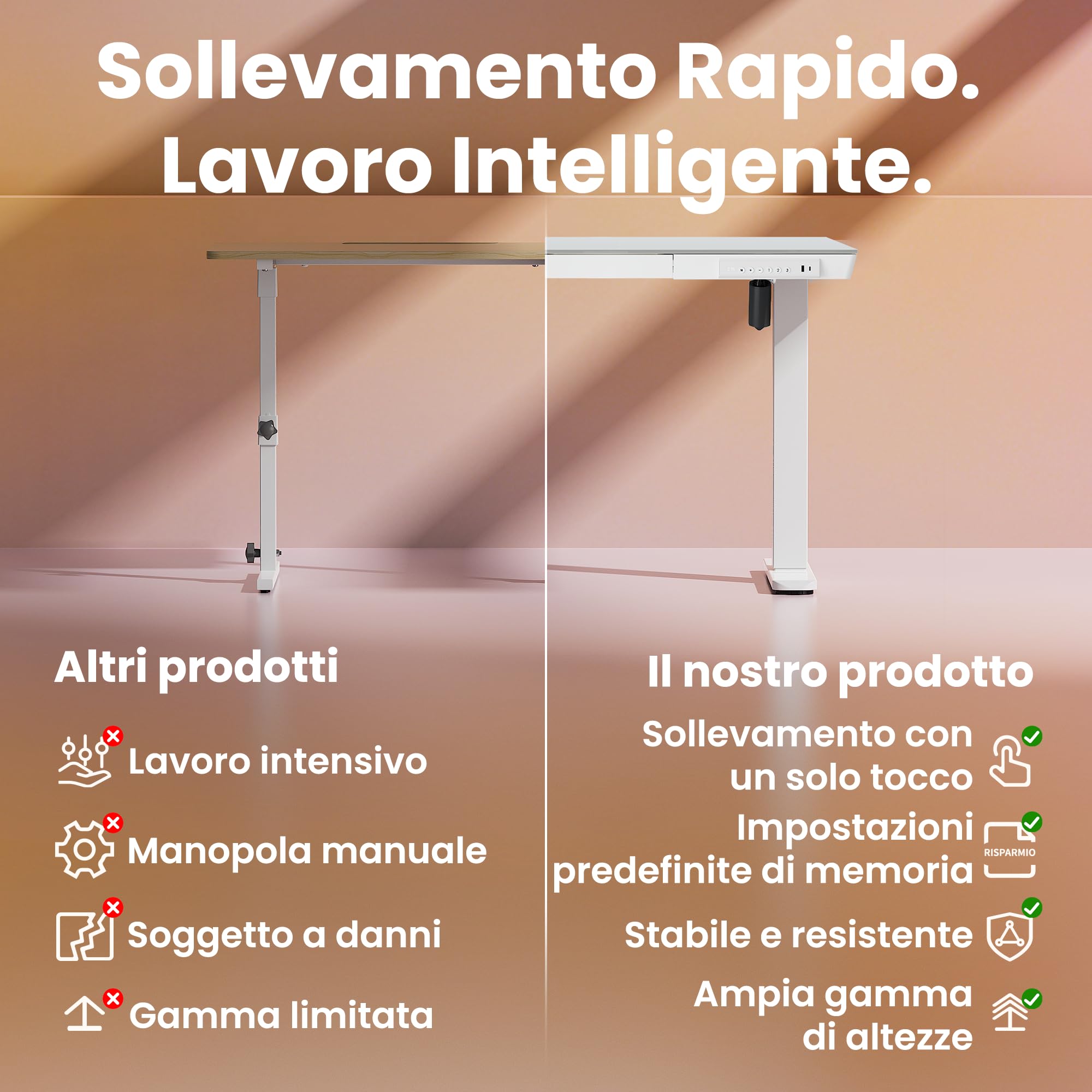 HUANUO 88 x 50 cm Scrivania Regolabile in Altezza con Piano in Vetro, Cassetto, Porte di Ricarica USB e 3 Altezza Memorizzabili, Scrivania Ufficio con Piano Monoblocc, Vetro Bianca