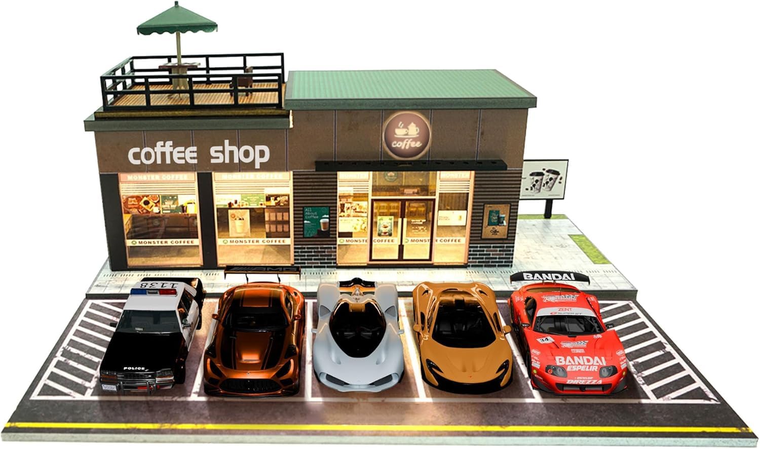 1/64 Model Car Display Shop Case for Adults, Premium in-House-Design Scale Diecast Parking Garage for Toy Cars, Toys Car Garage, Scenic Diorama Display Car Park with ith LED Lamps (Coffee Shop)