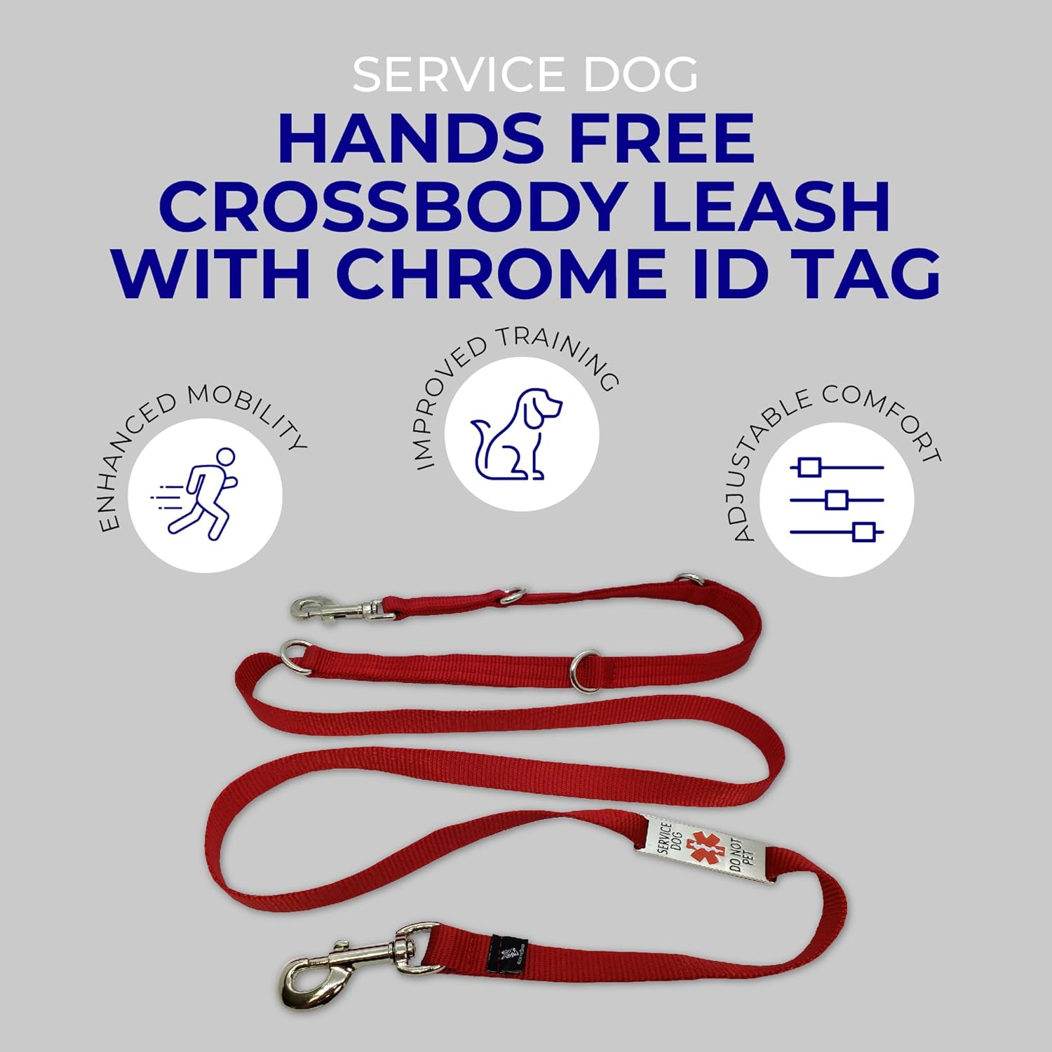 ActiveDogs Hands Free Dog Leash Crossbody 7ft - Premium Service Leash With Chrome 'Service Dog Do Not Pet' Tag - Strong 3/4" Nylon, Double Stitched, Red