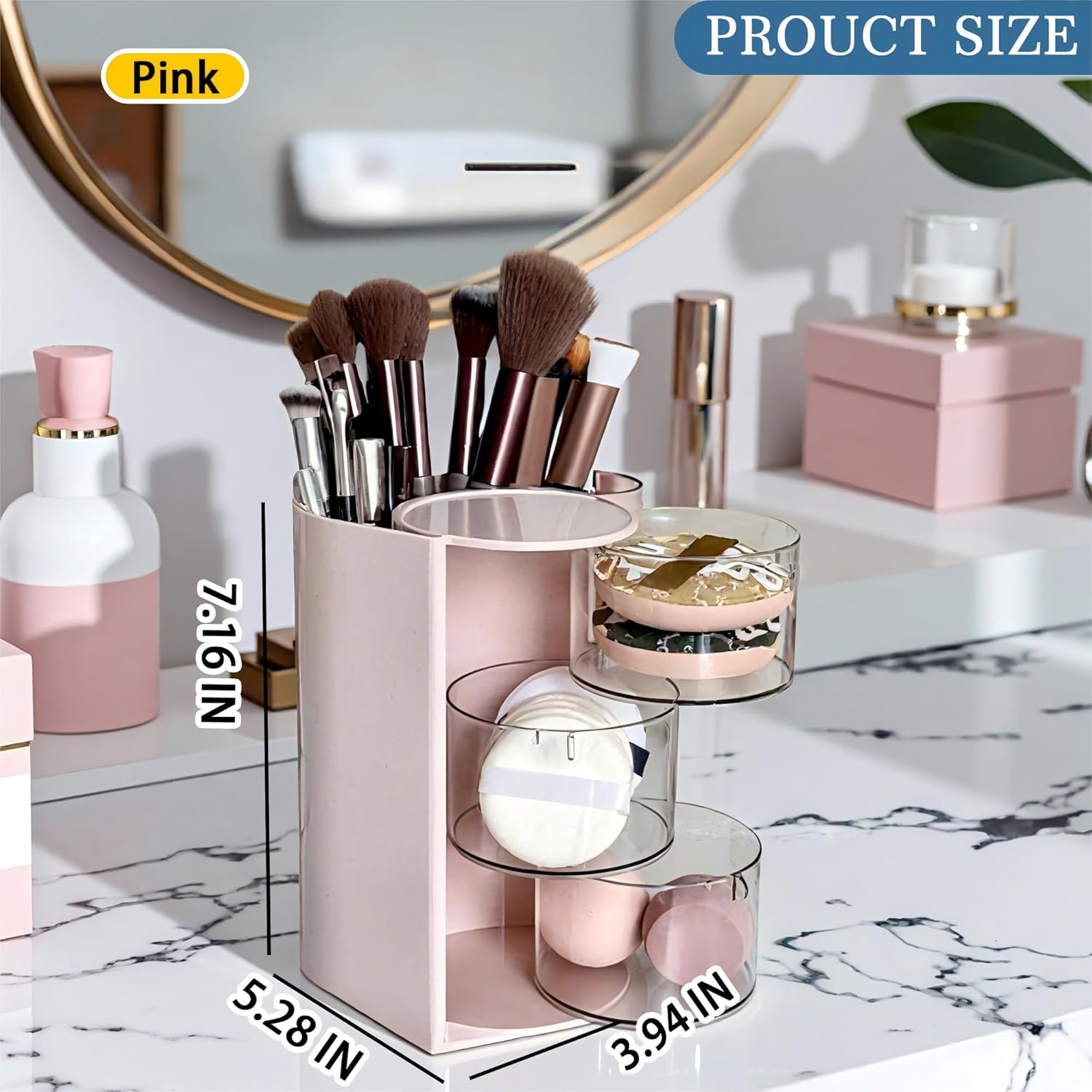Hair Accessories Organizer with Hair Brush Holder, Rotatable Makeup Brush Holder for Necklaces, Earring, Bracelet, Ring, Makeup Brushes, Hair Clip and Hair Accessories (Pink, 3-Layer) - Image 6