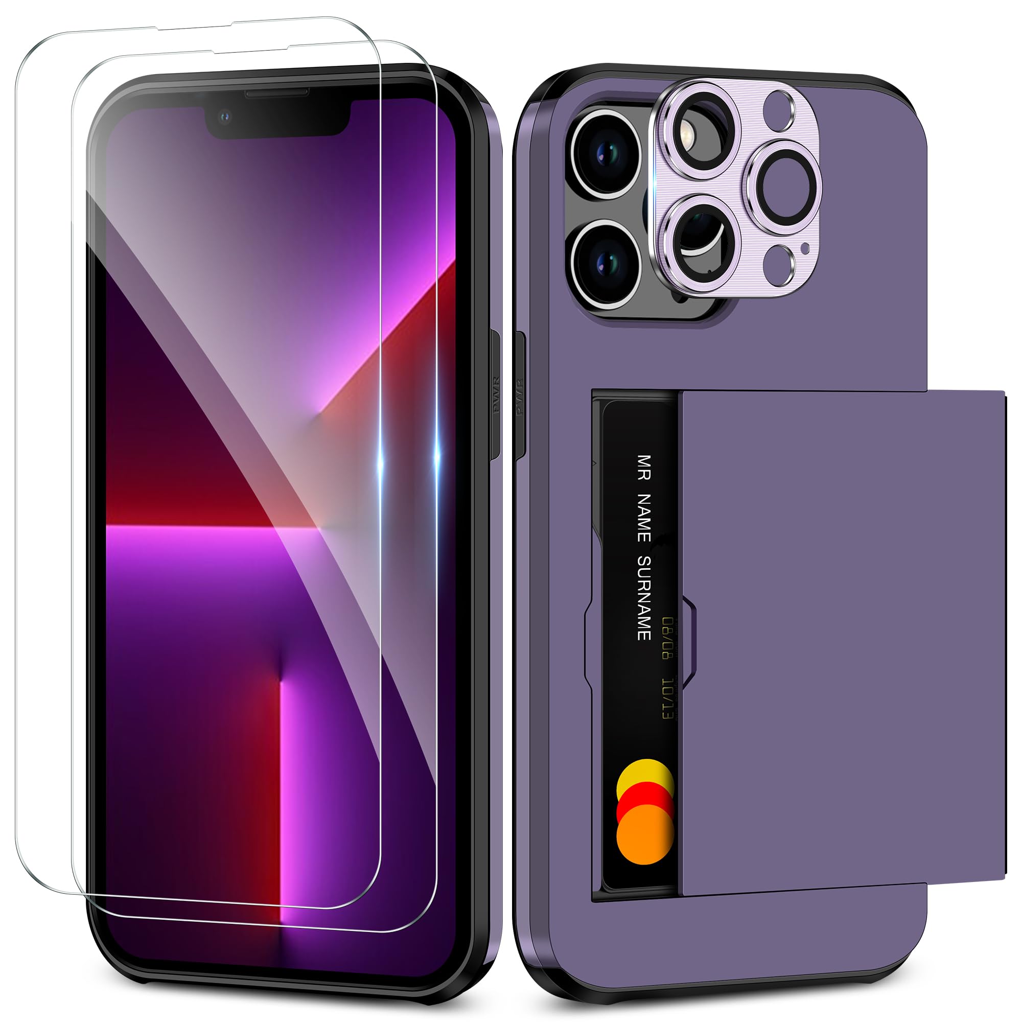 Coolden for iPhone 13 Pro Case with Card Holder Slot & 2 Screen Protector + 1 Camera Protector Full Body Heavy Duty Protective Case Shockproof Wallet Case Cover for iPhone 13 Pro Phone Case-Purple