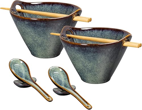 Miniatura 9 de UNICASA Juego de 2 cuencos japoneses para ramen con palillos, cucharas y restos, cuencos de porcelana profunda de 26 onzas para Udon, Pho, ensalada,