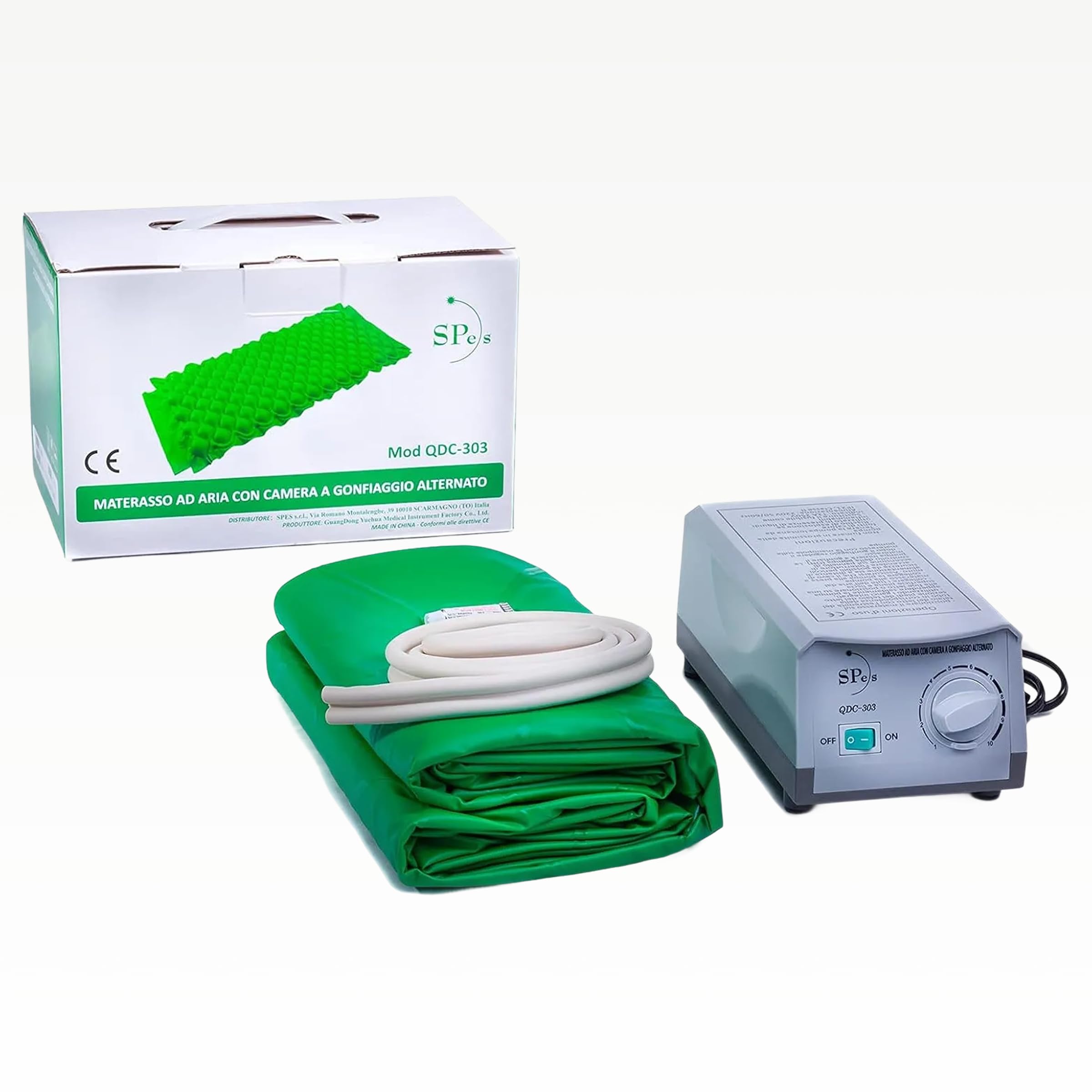 SPES Materasso Antidecubito ad Aria con Compressore Silenzioso - Kit Completo a 130 Celle Alternate per Prevenzione Piaghe - PVC Medico Ignifugo Spesso (0,32mm) e Motore Regolabile (Portata 135kg)