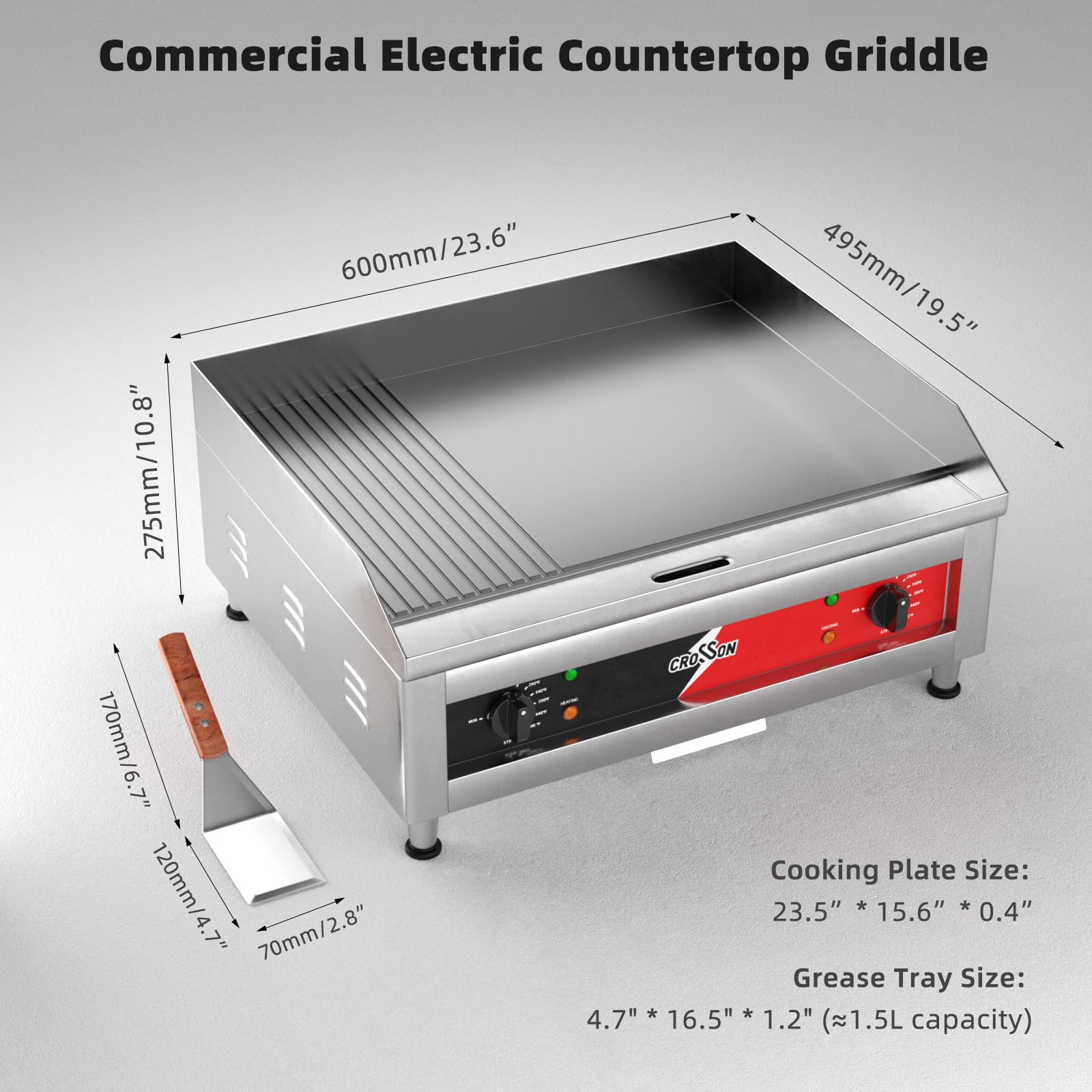 CROSSON Profi Gastro Grillplatte elektrisch 60x40 cm Gusseisen 10 mm 2 Zonen 50-300 °C
