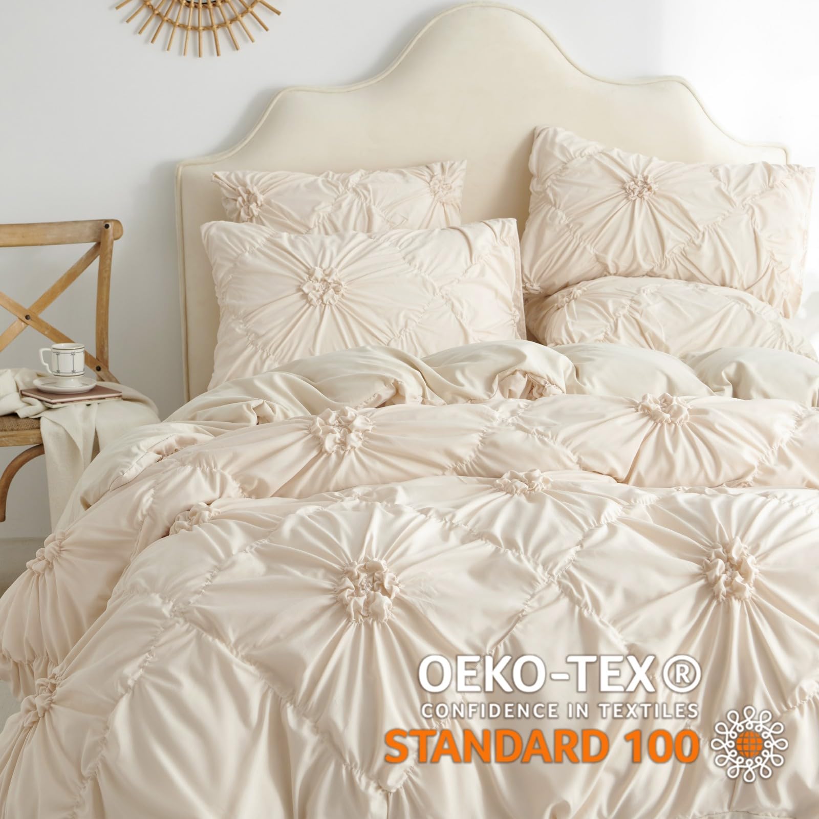 Freyamy Bettwäsche 200x200cm 3teilig Beige Pintuck Plisseefalten Luxus Bettwäsche Pinch Pleat Mädchen Bettwaren-Sets 100% Microfaser Weiche Bettbezug mit Reißverschluss und 2 Kissenbezug 80x80cm
