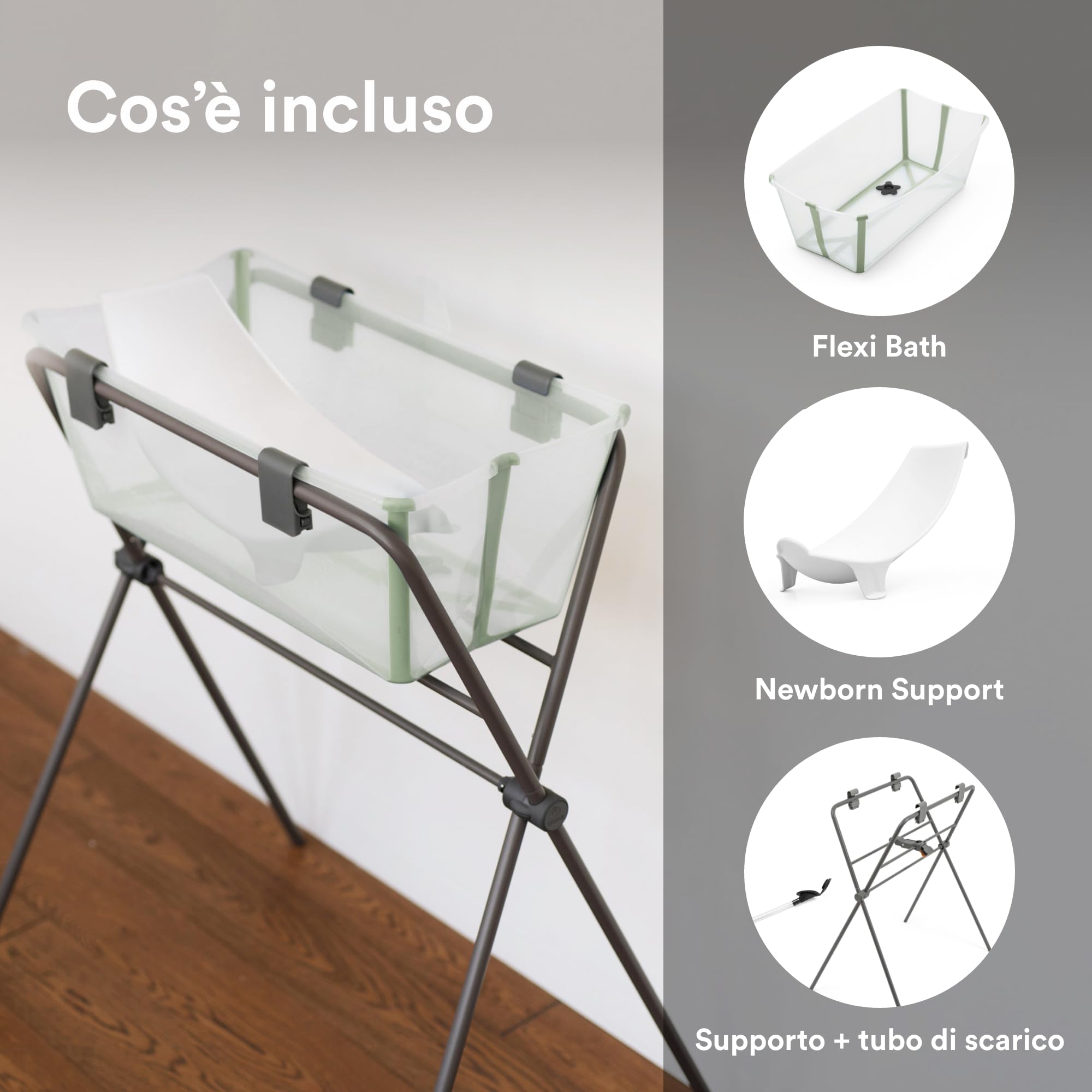 Stokke Flexi Bath (Transparent Green) + Supporto per neonati + Supporto per Flexi Bath - Ideale per bambini fino ai 48 mesi - Pieghevole, durevole e facile da riporre