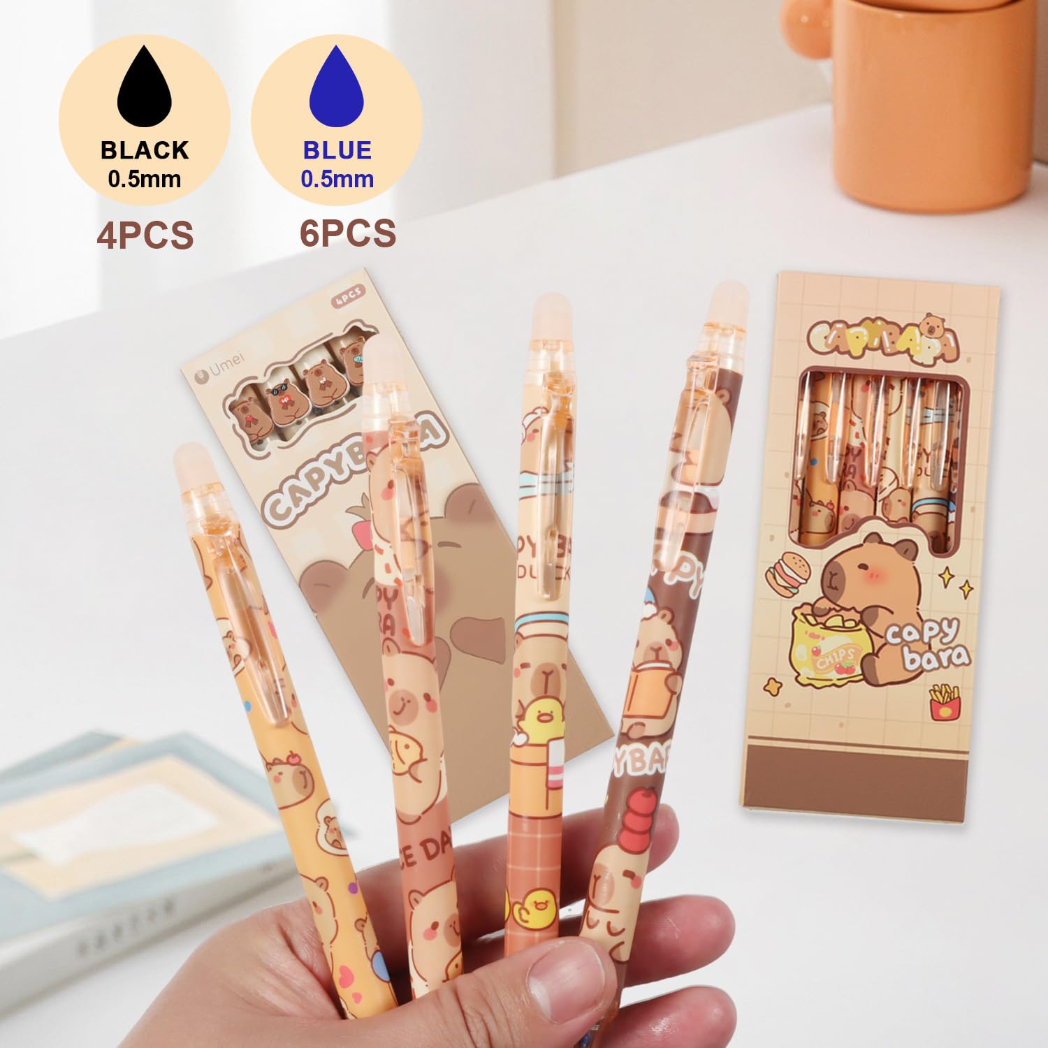 14 Stylos Effaçables Capybara – Design Mignon, Pointe 0,5 Mm, Idéal Pour L’école