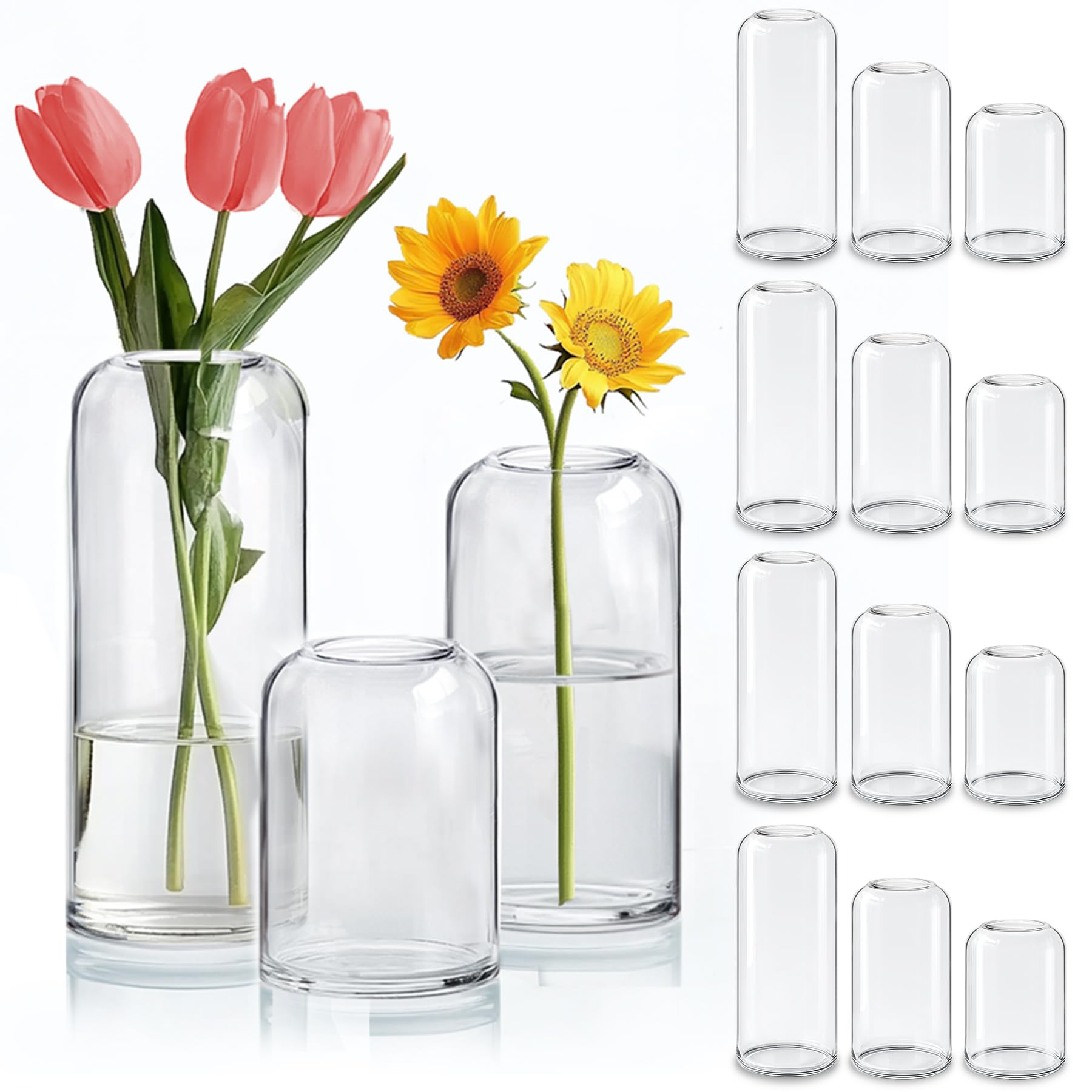 ComSaf Juego de 15 jarrones pequeños de cristal a granel, jarrones transparentes para flores, centro de mesa de decoración para baño, jarrones decorativos para inauguración de la casa, día de San