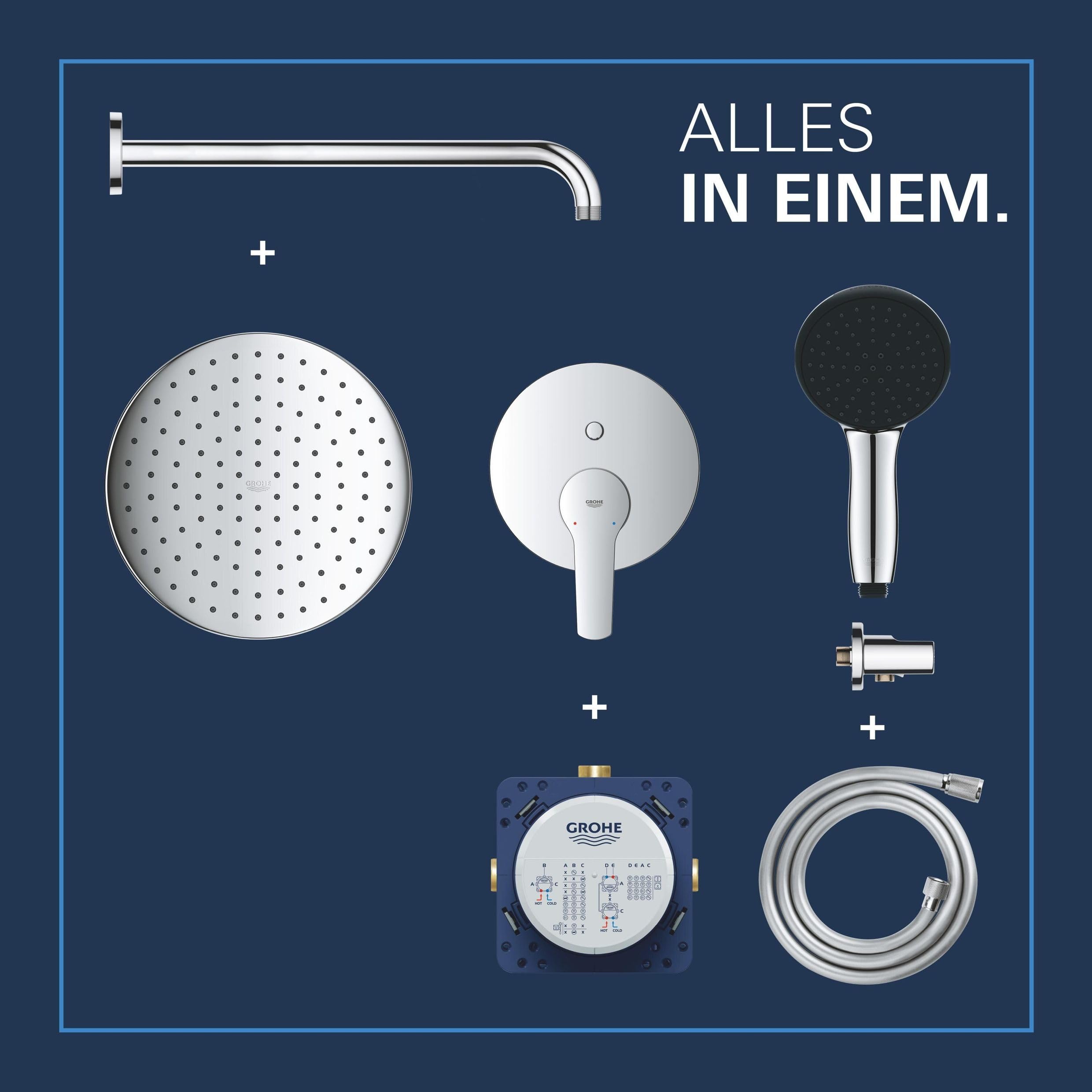 GROHE Start 250, Unterputz Duschsystem (25cm Regendusche mit Mischbatterie, Kopfbrause 1 Strahlart, Duschkopf 2 Strahlarten, Komplettset mit 1,50m Duschschlauch und Wandanschluss) rund, chom, 25292000