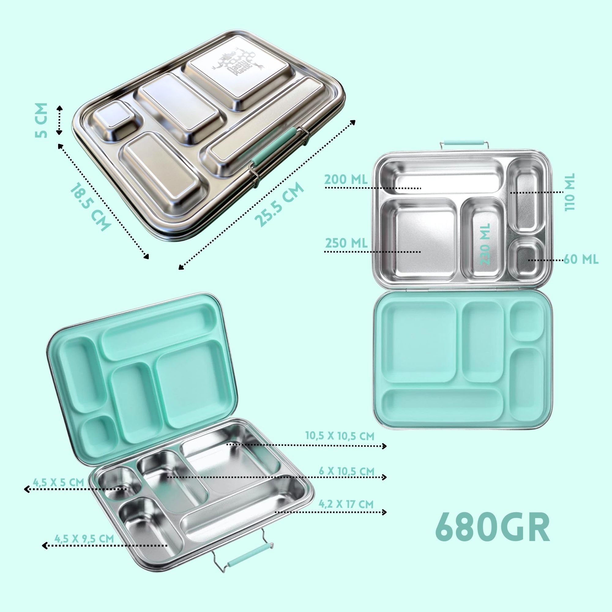Pack Completo Fiambrera Infantil de Acero Inoxidable Antifugas con 5 Compartimentos + 2 Botes herméticos para poner yogur/hummus + Pegatinas Reutilizables. SIN BPA. CERO PLASTICOS
