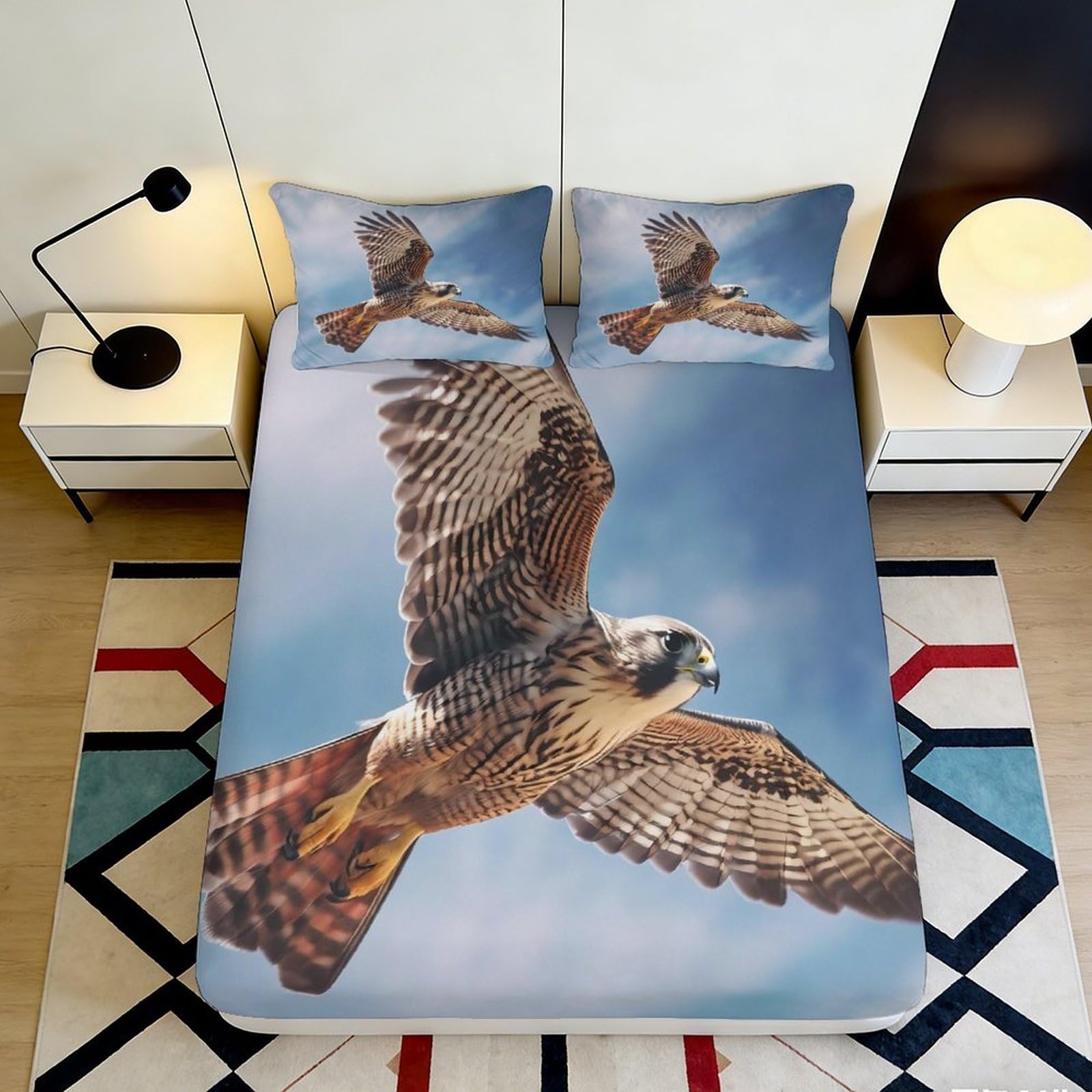 3D Printed Flying Hawk Microfiber Fitted Sheet Deep Pocket Bedroom Bedding Flying Eagle Mattress Fitted Cover Elastic Hem 90x200x25cm