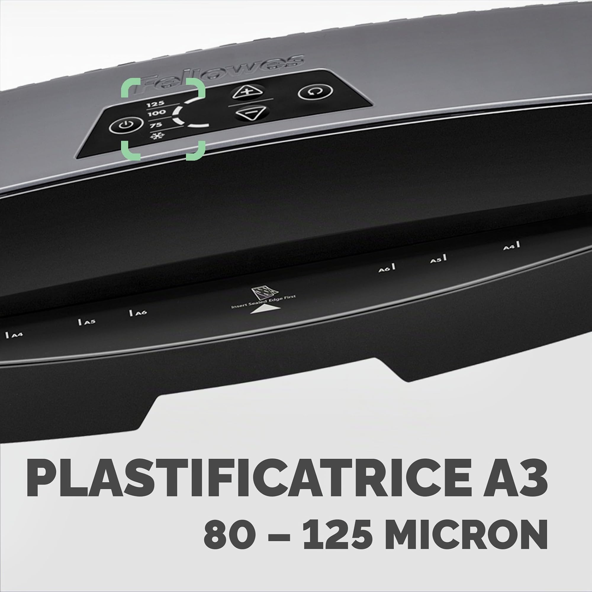Fellowes Plastificatrice A4 Calibre per piccoli uffici, Pronta in 1 minuto con Spegnimento e modalità Riposo, 80-125 Micron, Kit con 10 fogli A4 per plastificazione incluso, Nero