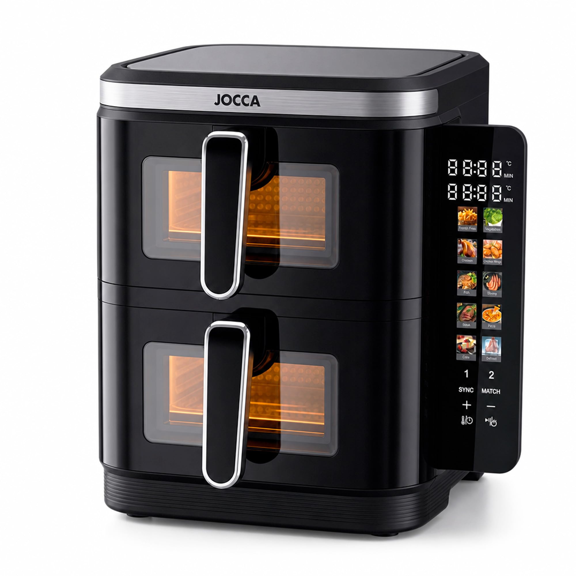 JOCCA - Podwójna cyfrowa frytkownica powietrzna 11L (5,5 l + 5,5 l) | Airfryer pionowy z 2 komorami z okienkami, 10 funkcji, kolorowy ekran dotykowy LED, 60-200 °C, nieprzywierająca i łatwa do